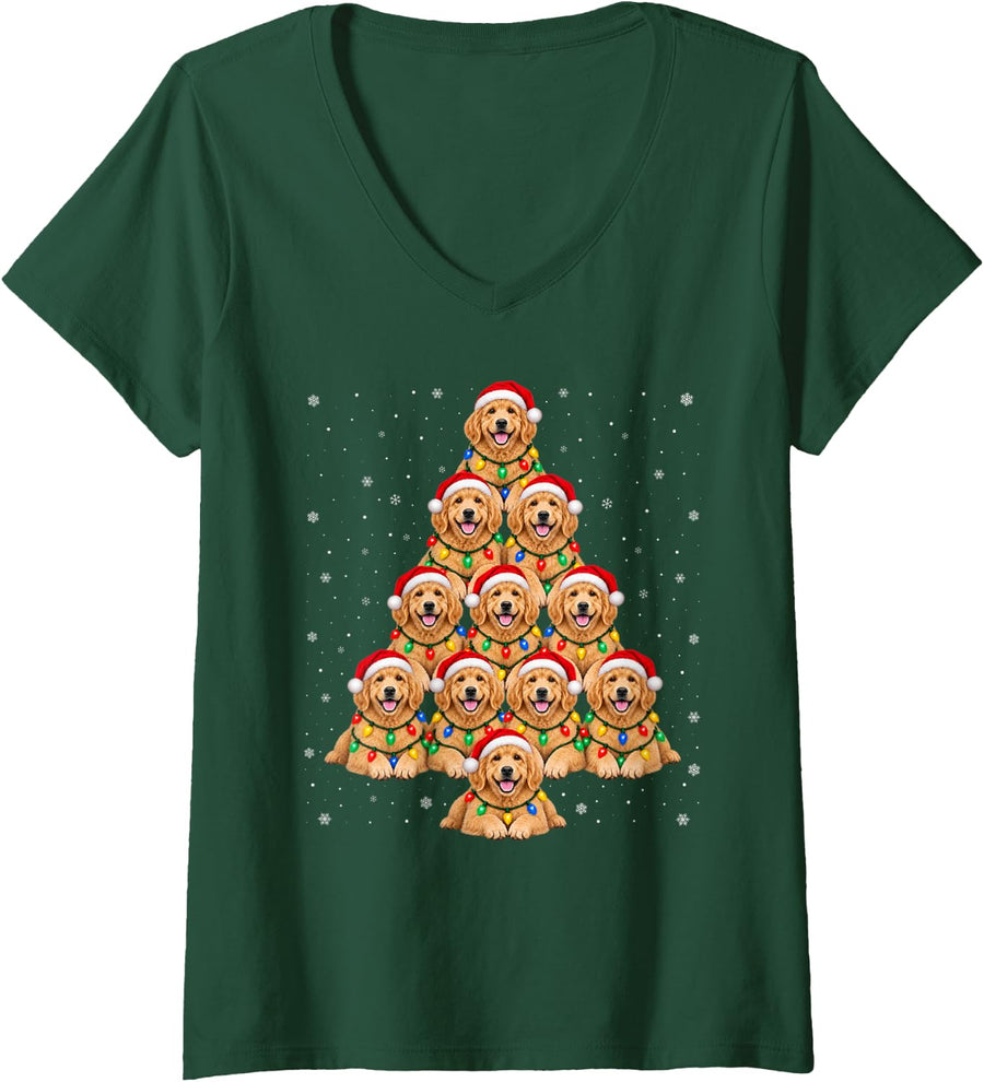 Women's Goldendoodle Christmas Tree Snowflake Santa Hat Xmas Dog V-Neck T-Shirt - Dark Green