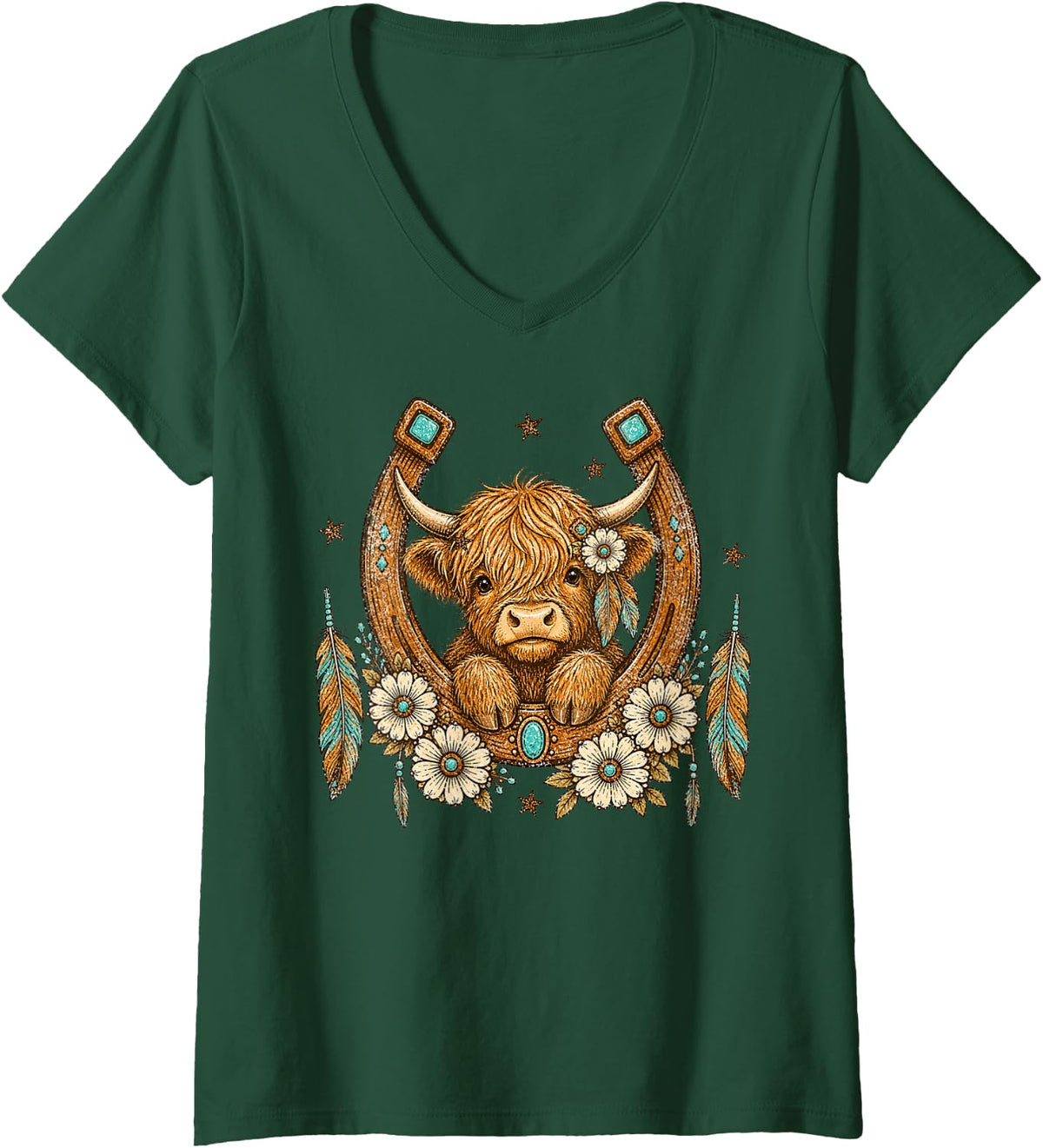 Women's Boho Highland Cow in Horseshoe with Turquoise Western V-Neck T-Shirt - Dark Green