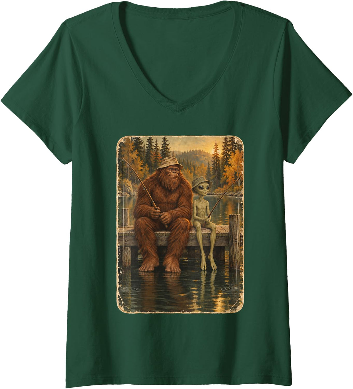 Women's Bigfoot and Alien Fishing Lake Fisherman Funny Angler V-Neck T-Shirt - Dark Green