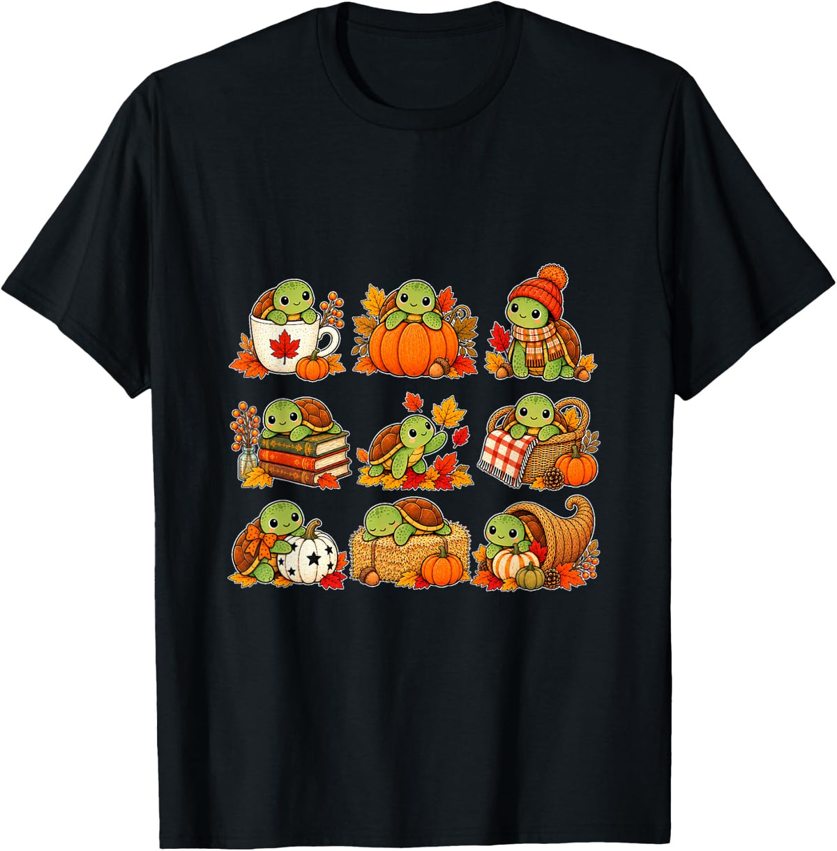 Turtle Cute Autumn Pumpkin and Fall Leaves Art T-Shirt - Black