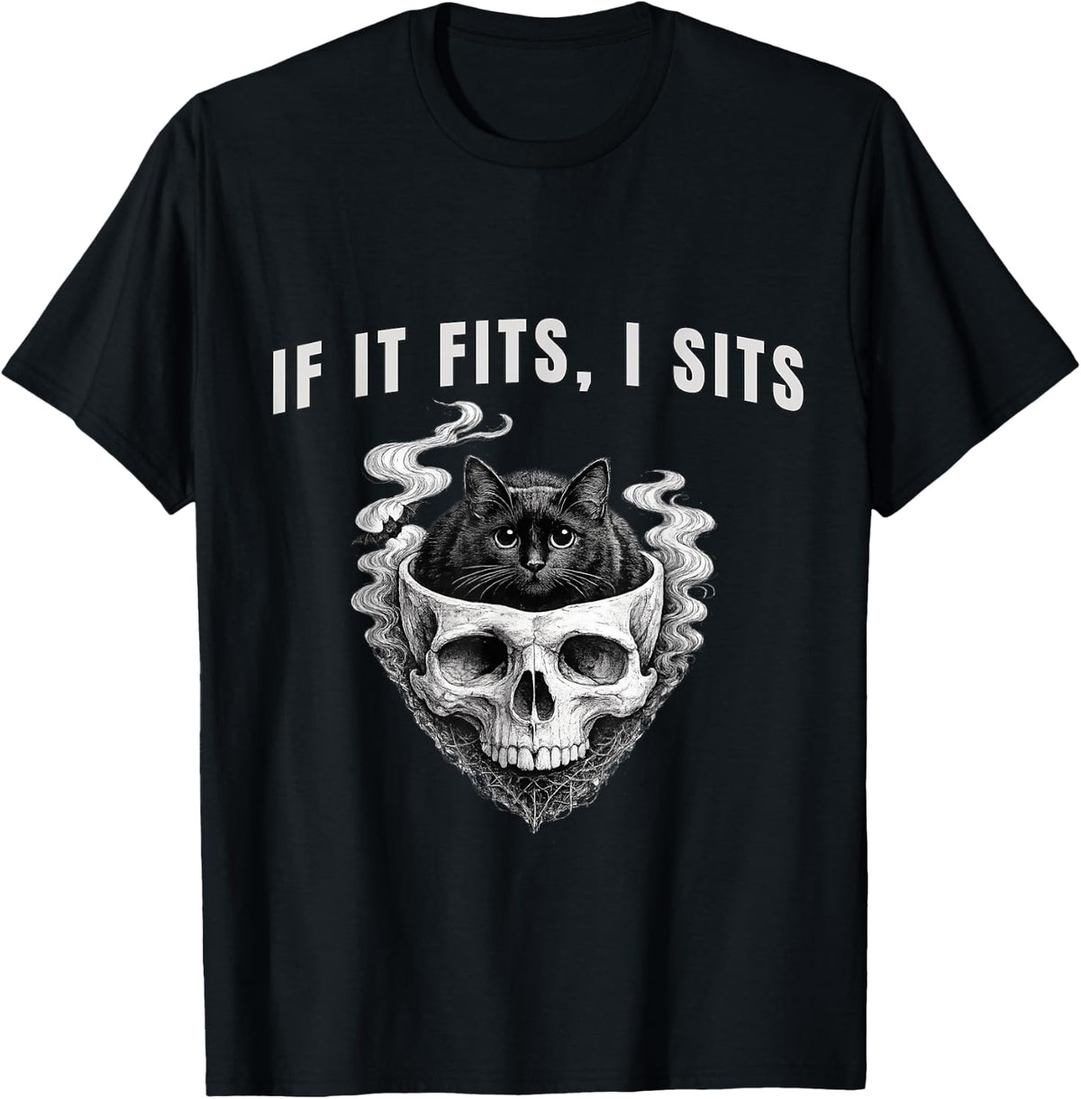 If It Fits, I Sits Black Cat Skull Spooky Minimalist T-Shirt - Black