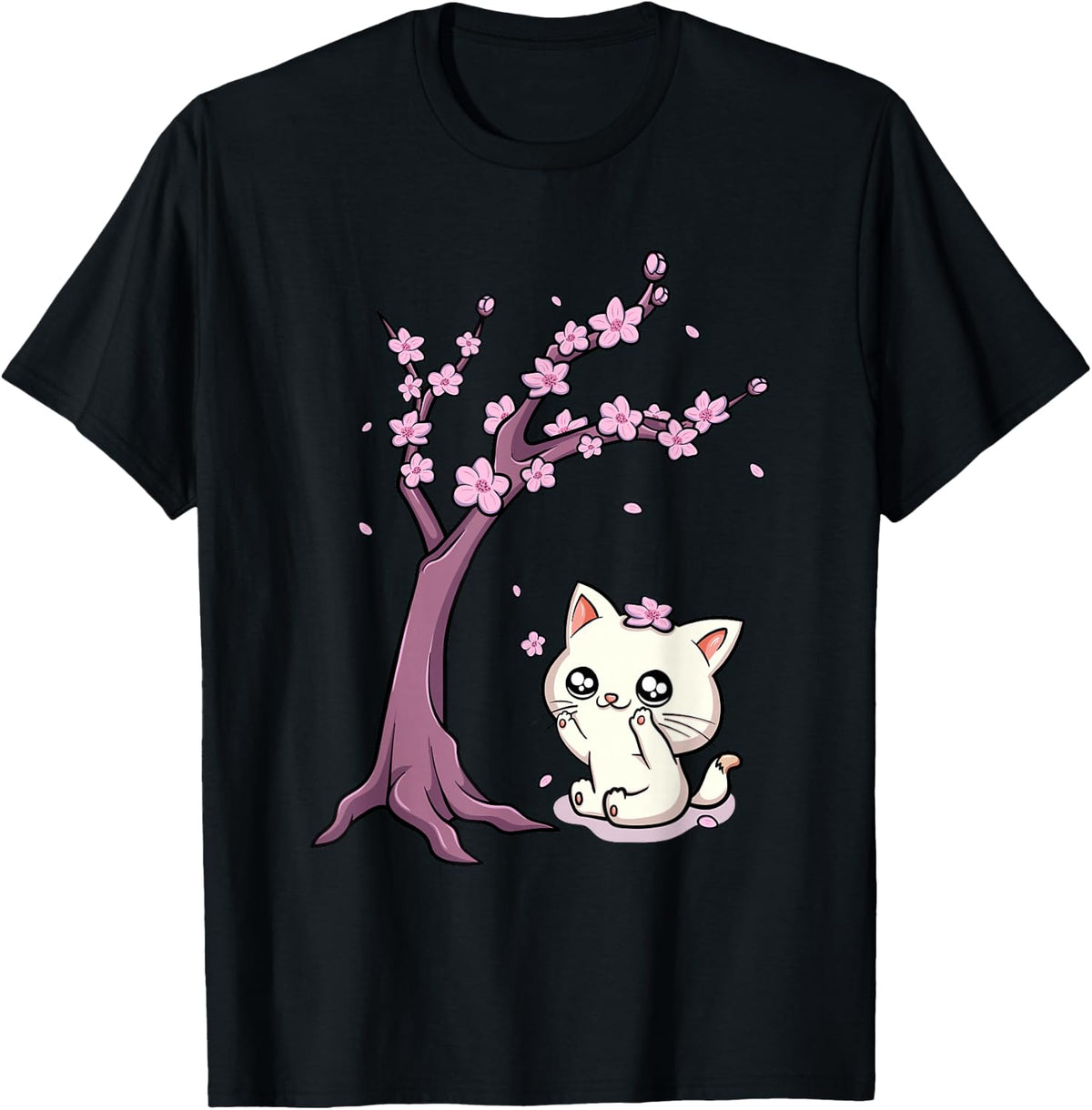Kawaii Cat Cherry Blossoms Anime Kitten Sakura Japanese T-Shirt - Black