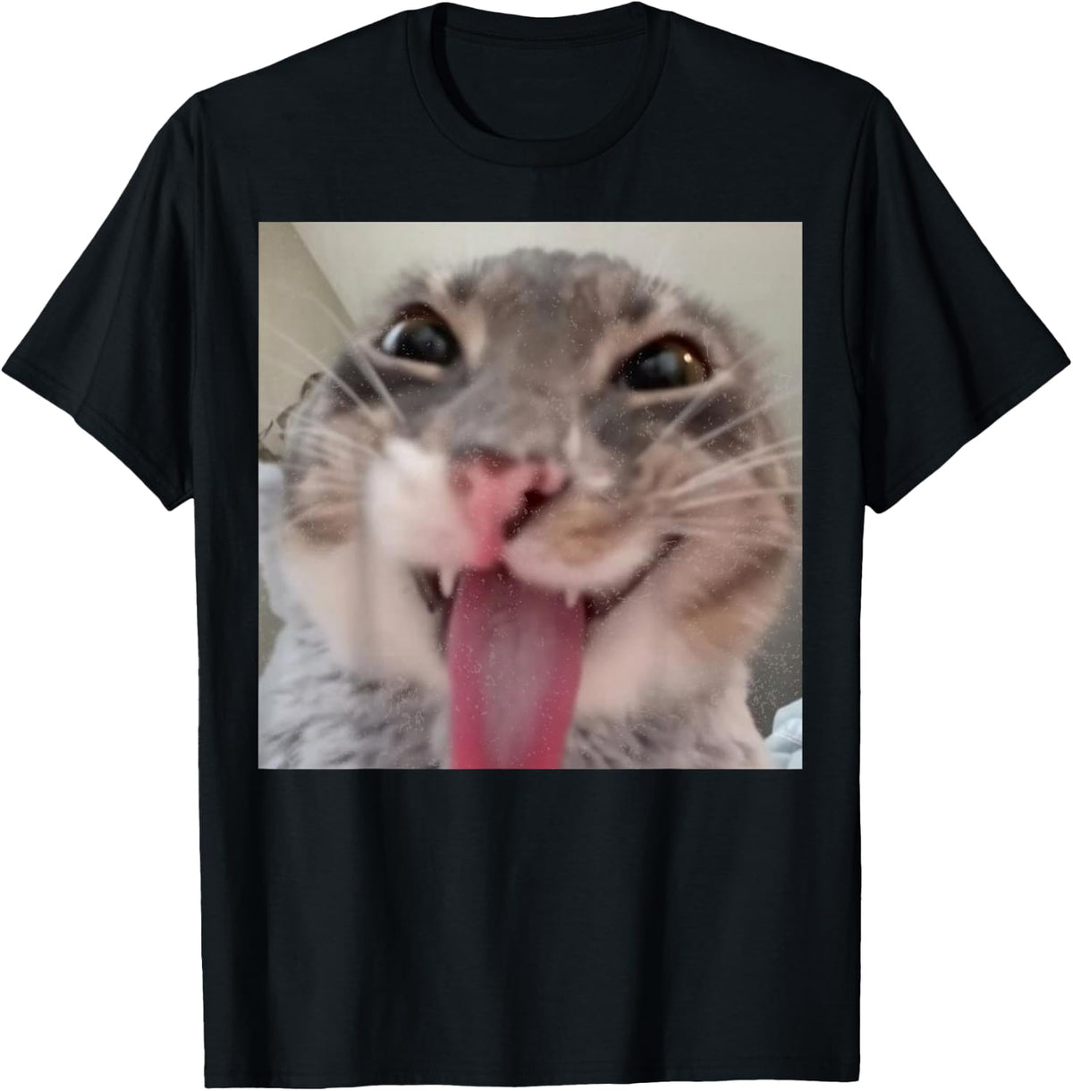 Funny Derpy Cat Tongue Out Wacky Silly Smiling Kitty Face T-Shirt - Black