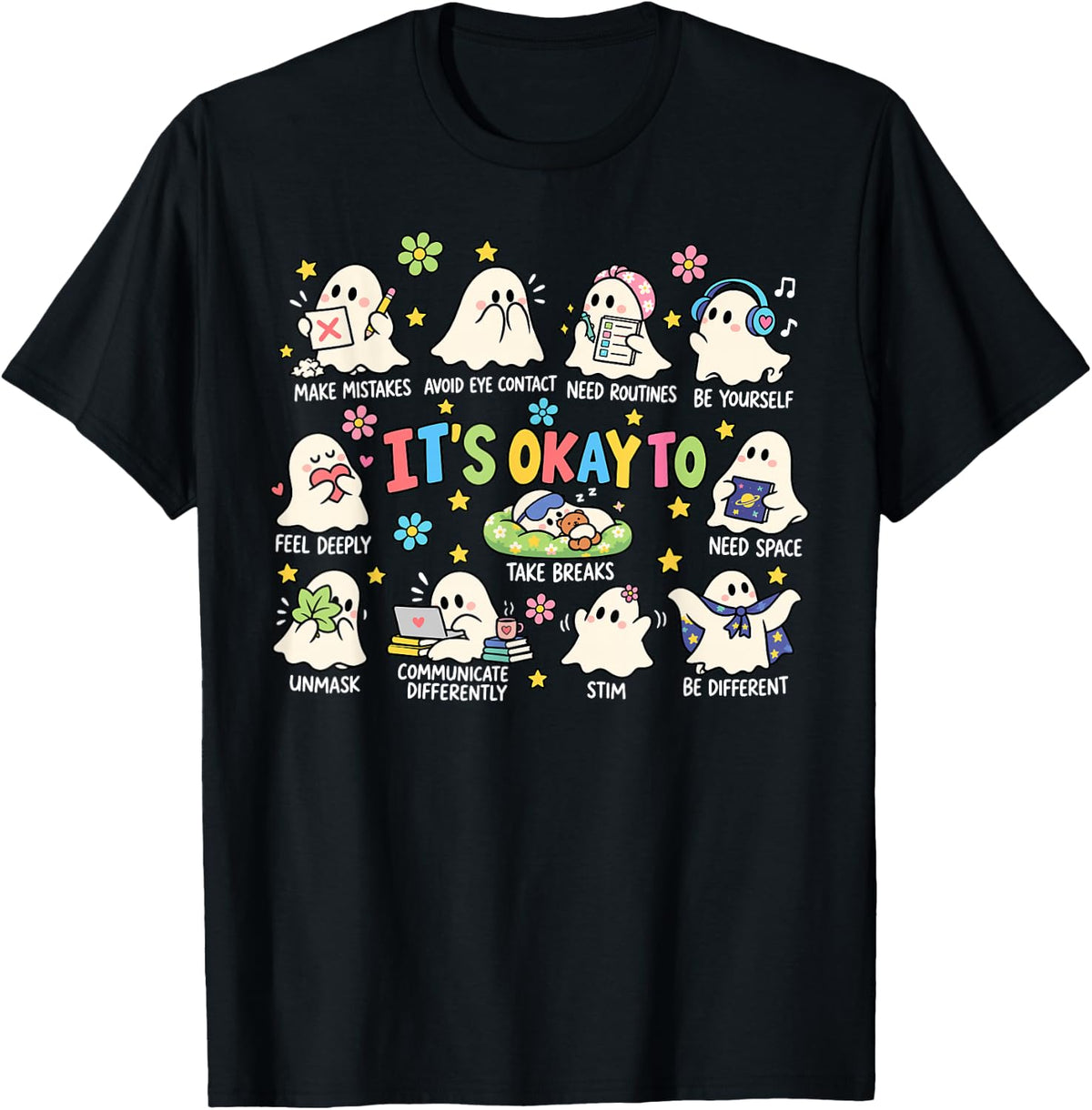 It’s Okay to Neurodiversity Halloween Ghost Autism T-Shirt - Black