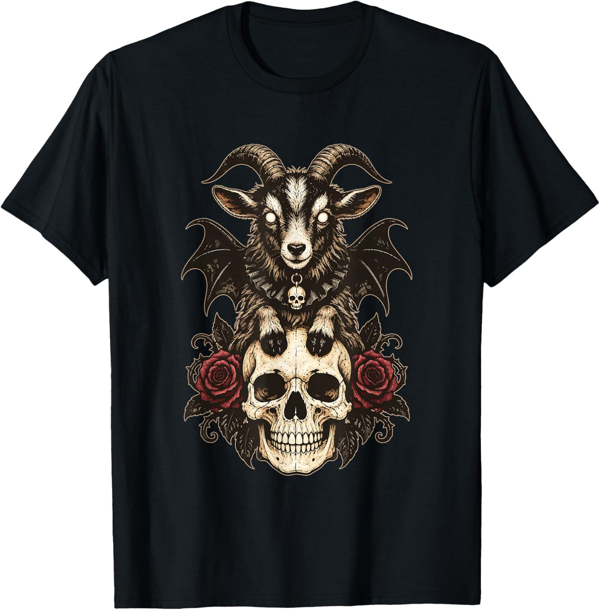 Goat with Bat Wings Floral Gothic Skull Halloween Animal T-Shirt - Black
