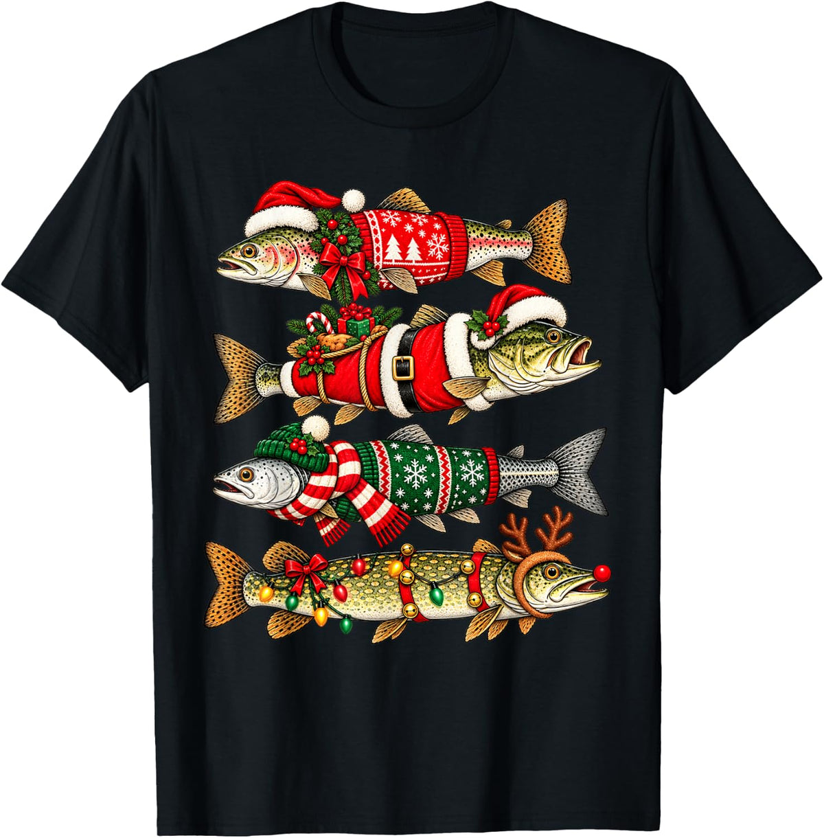 Funny Christmas Fishing Fish Santa Hats Reindeer Holiday T-Shirt - Black