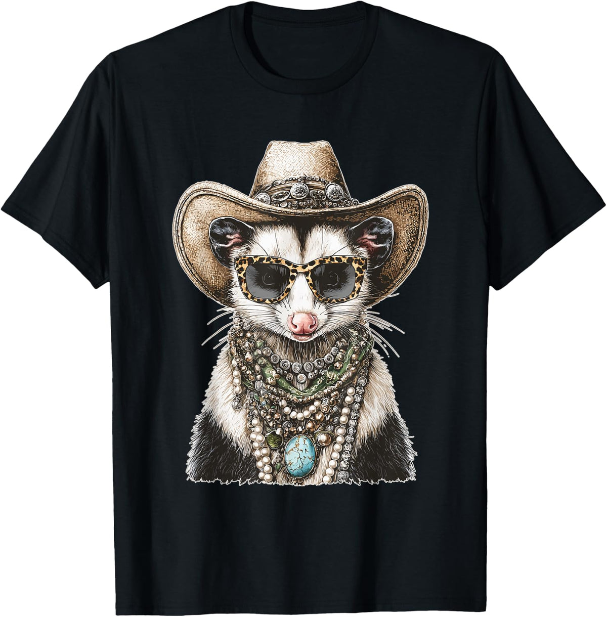 Glam Possum with Cowboy Hat Boujee Animal Western Boho T-Shirt - Black