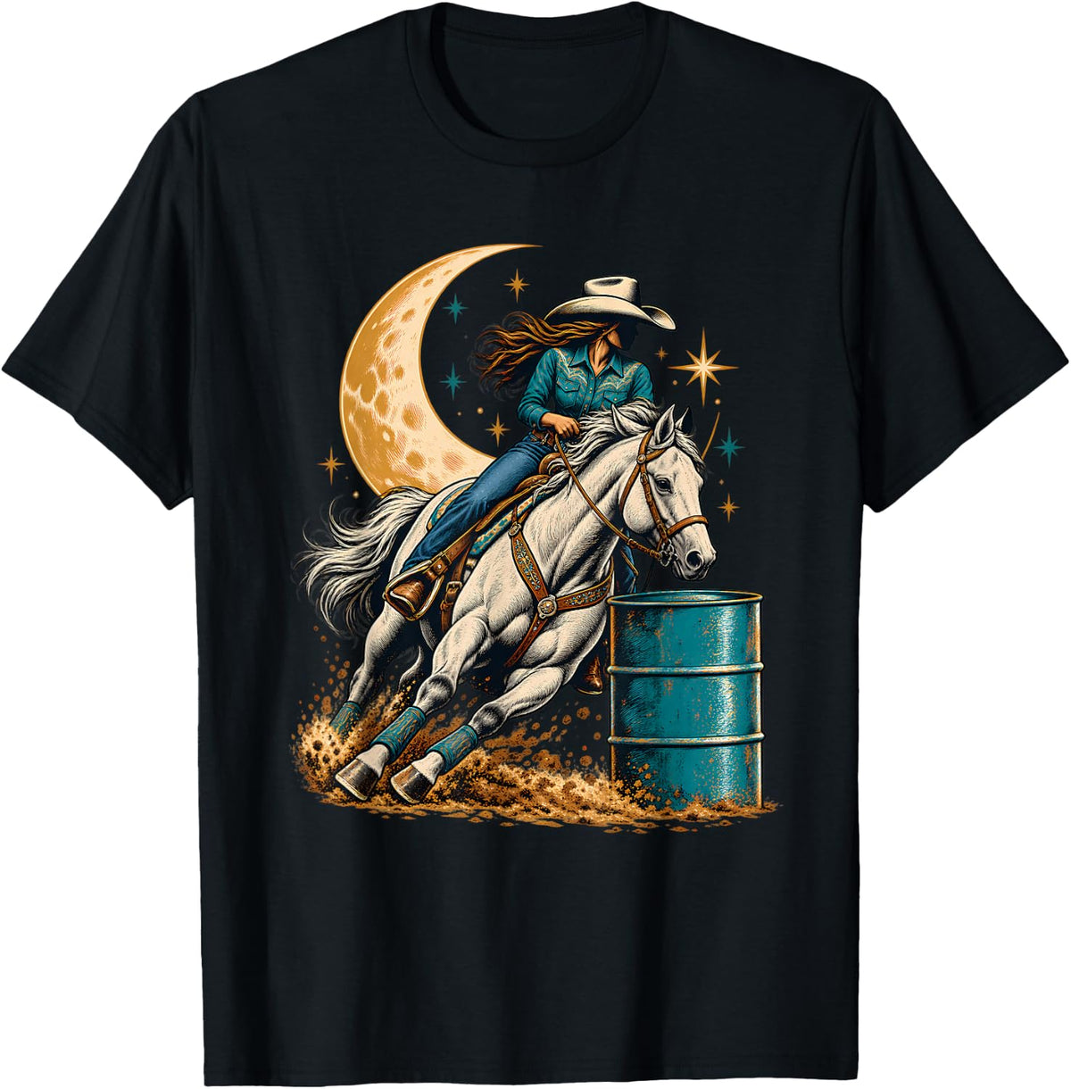 Moonlight Barrel Racing Cowgirl White Horse Western Rodeo T-Shirt - Black