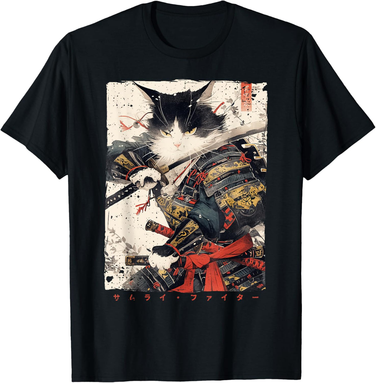 Samurai Cat Warrior Ukiyo Ink Artwork Tee Japanese Ninja Cat T-Shirt - Black