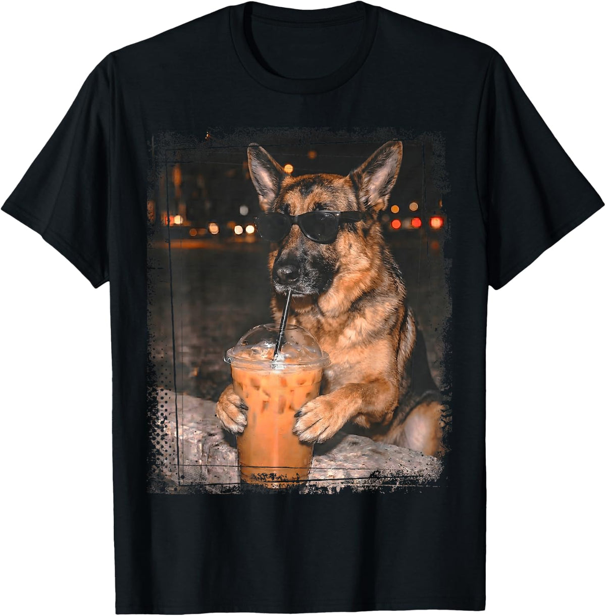 German Shepherd Dog Wearing Sunglasses Drinking Iced Coffee T-Shirt - Black