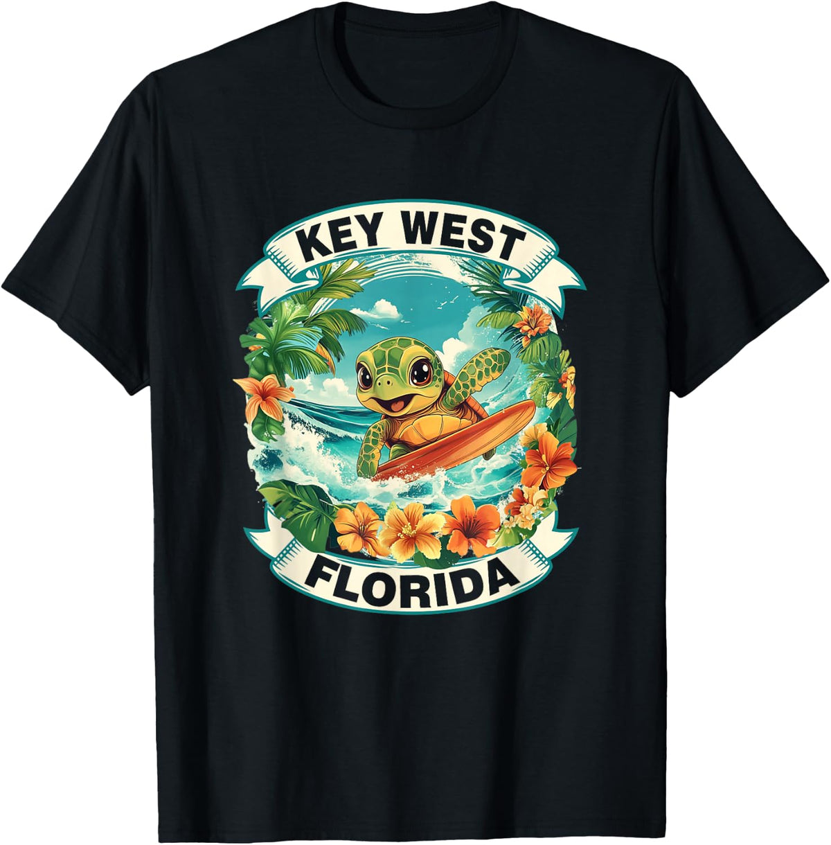 Key West Florida Cute Sea Turtle Surfing Summer Vacation T-Shirt - Black