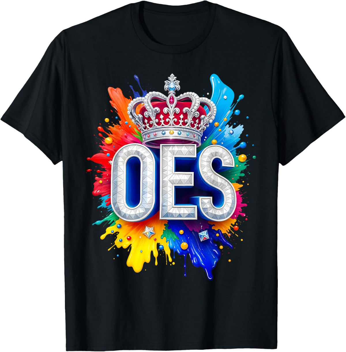 OES Crown Queen Star Diamond Watercolor Paint Drip Colorful T-Shirt - Black