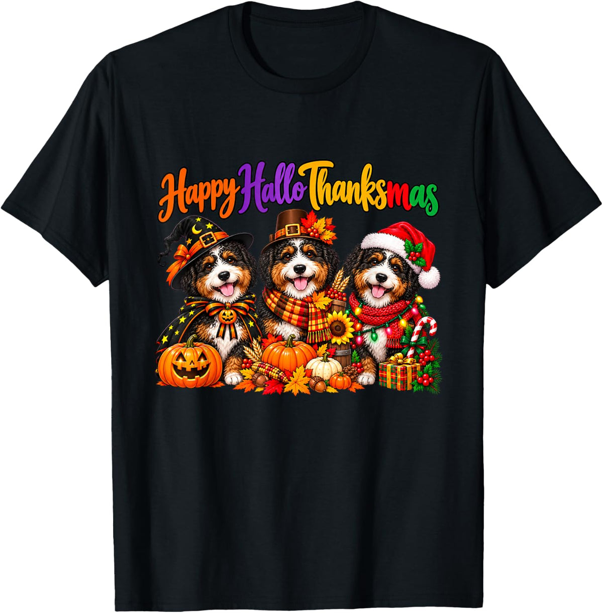 Bernedoodle Happy Hallothanksmas Halloween Thanksgiving Xmas T-Shirt - Black