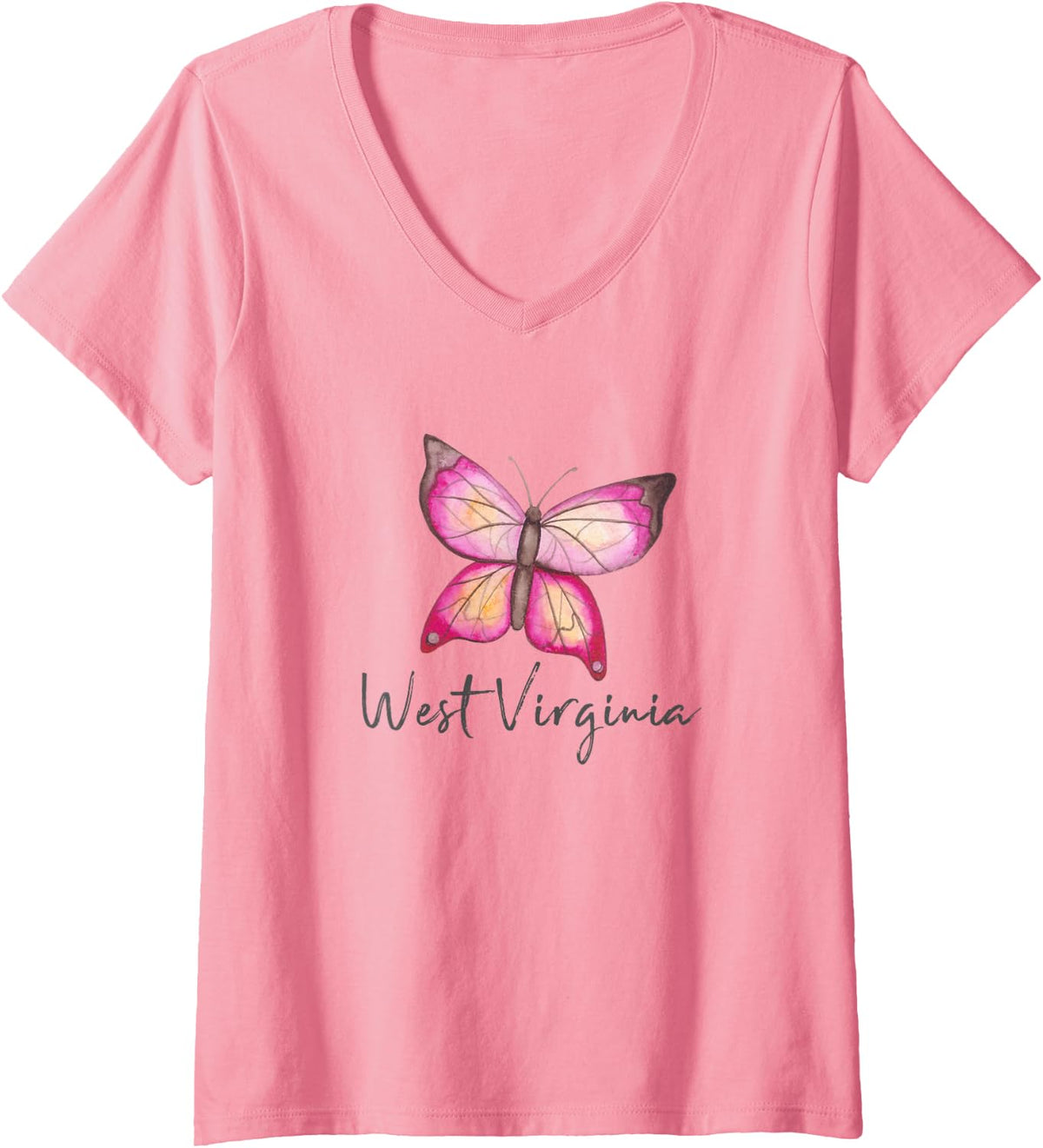 Women's West Virginia Boho Butterfly Artsy Bohemian Chic V-Neck T-Shirt - Pink
