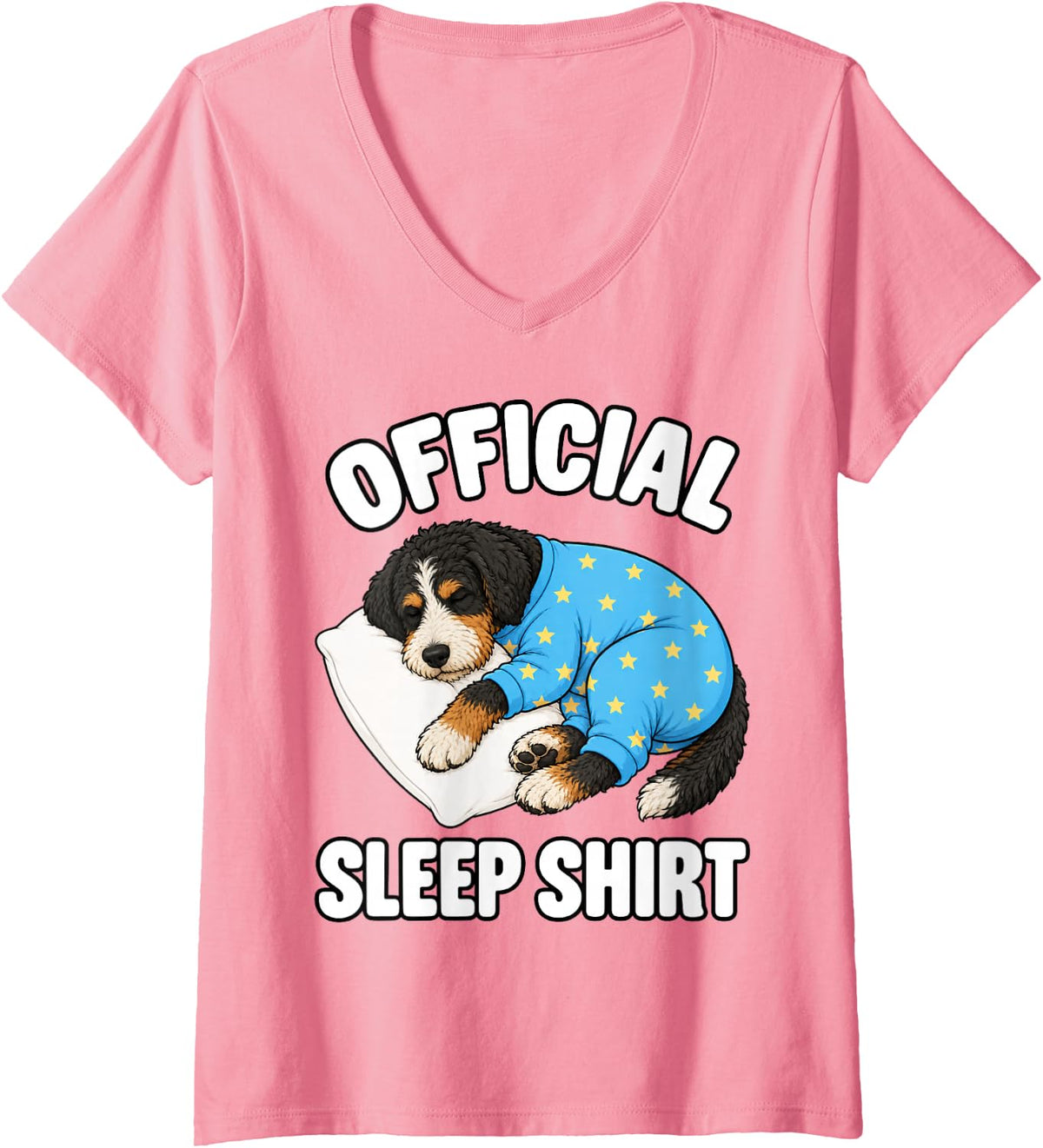 Women's Bernedoodle Sleeping in Pajamas Official Sleepshirt Cute V-Neck T-Shirt - Pink