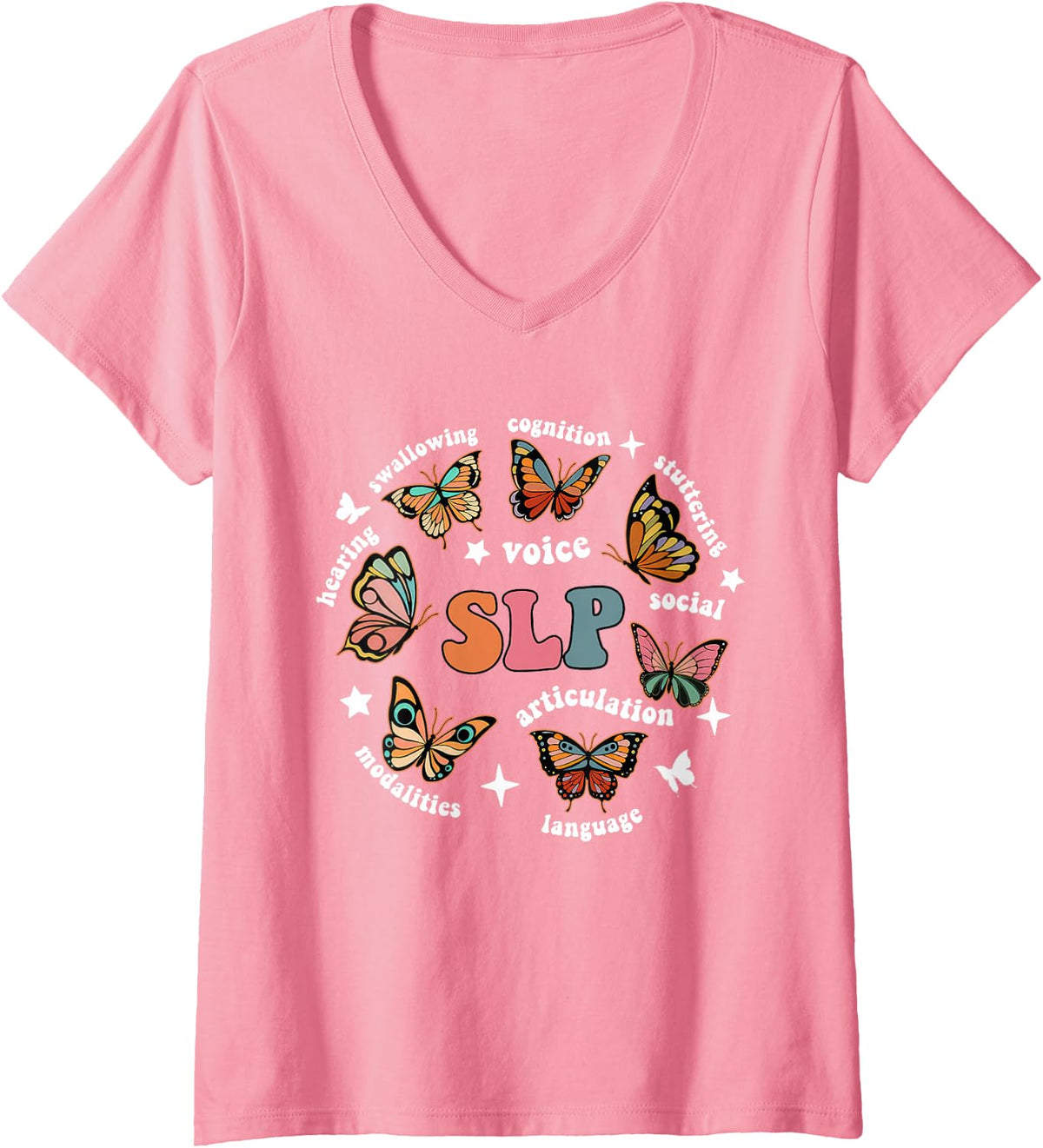 Women's SLP Speech Therapy Butterfly Speech Language Pathologist V-Neck T-Shirt - Pink