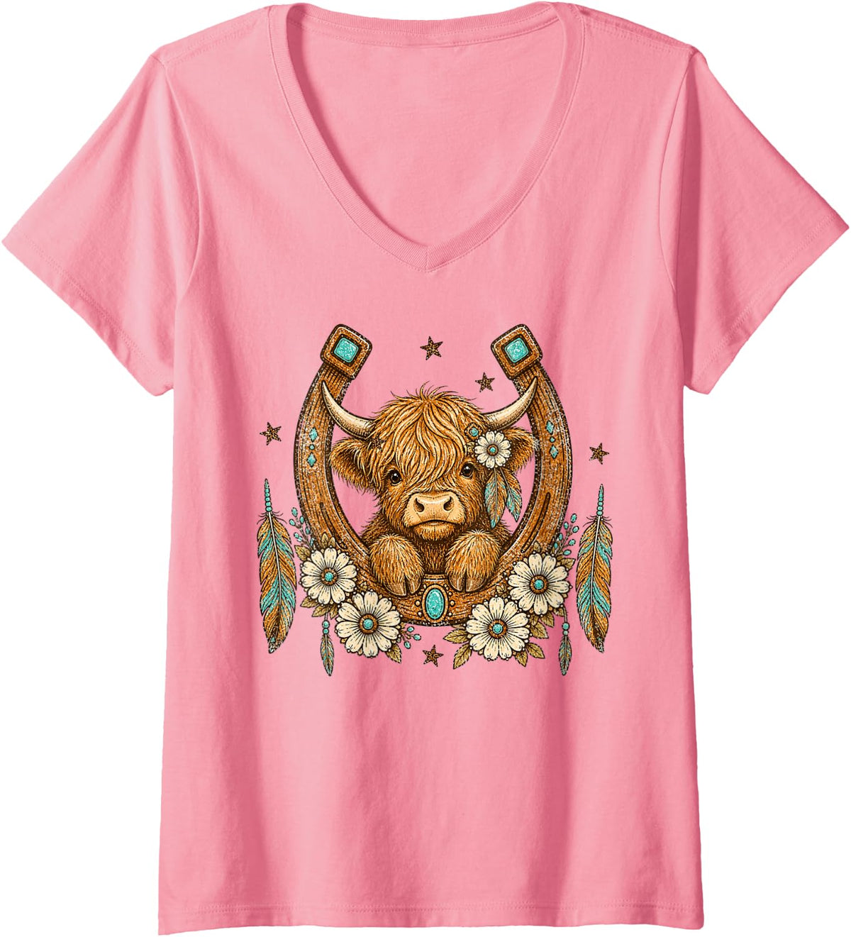 Women's Boho Highland Cow in Horseshoe with Turquoise Western V-Neck T-Shirt - Pink
