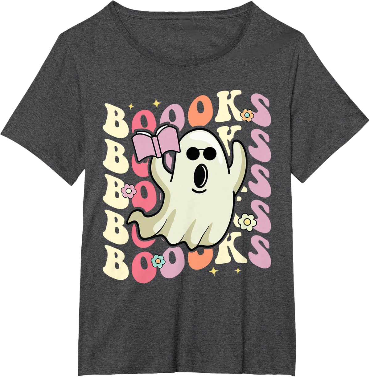 Boooks Ghost Groovy Book Reading Halloween Teacher Women T-Shirt - Dark Heather Grey