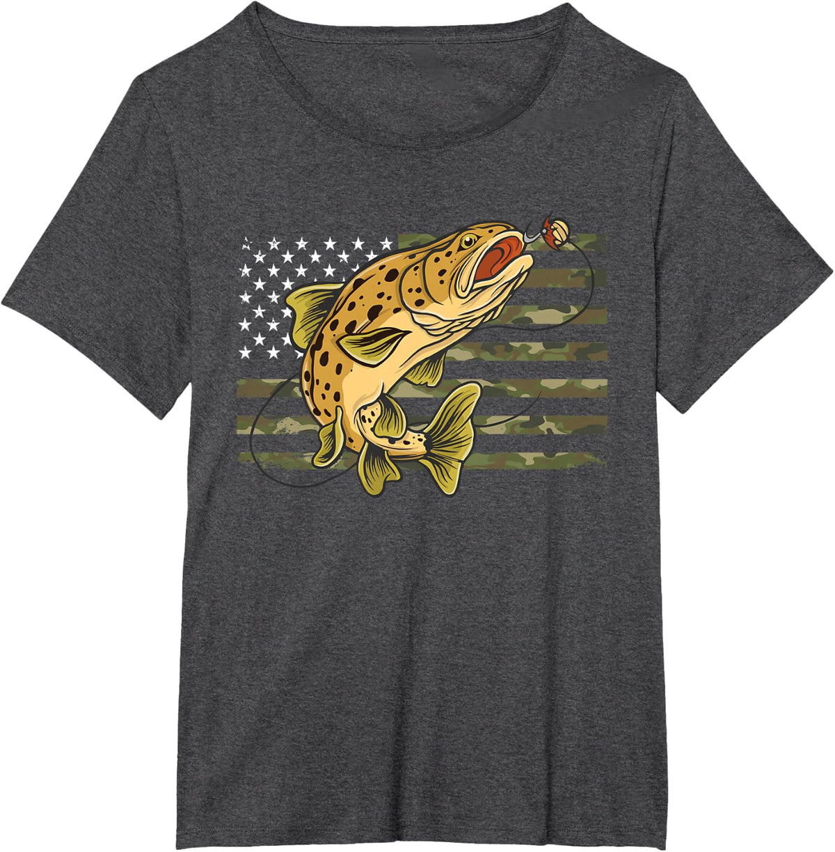 Brown Trout Fish Camouflage US American Flag Camo Fisherman T-Shirt - Dark Heather Grey