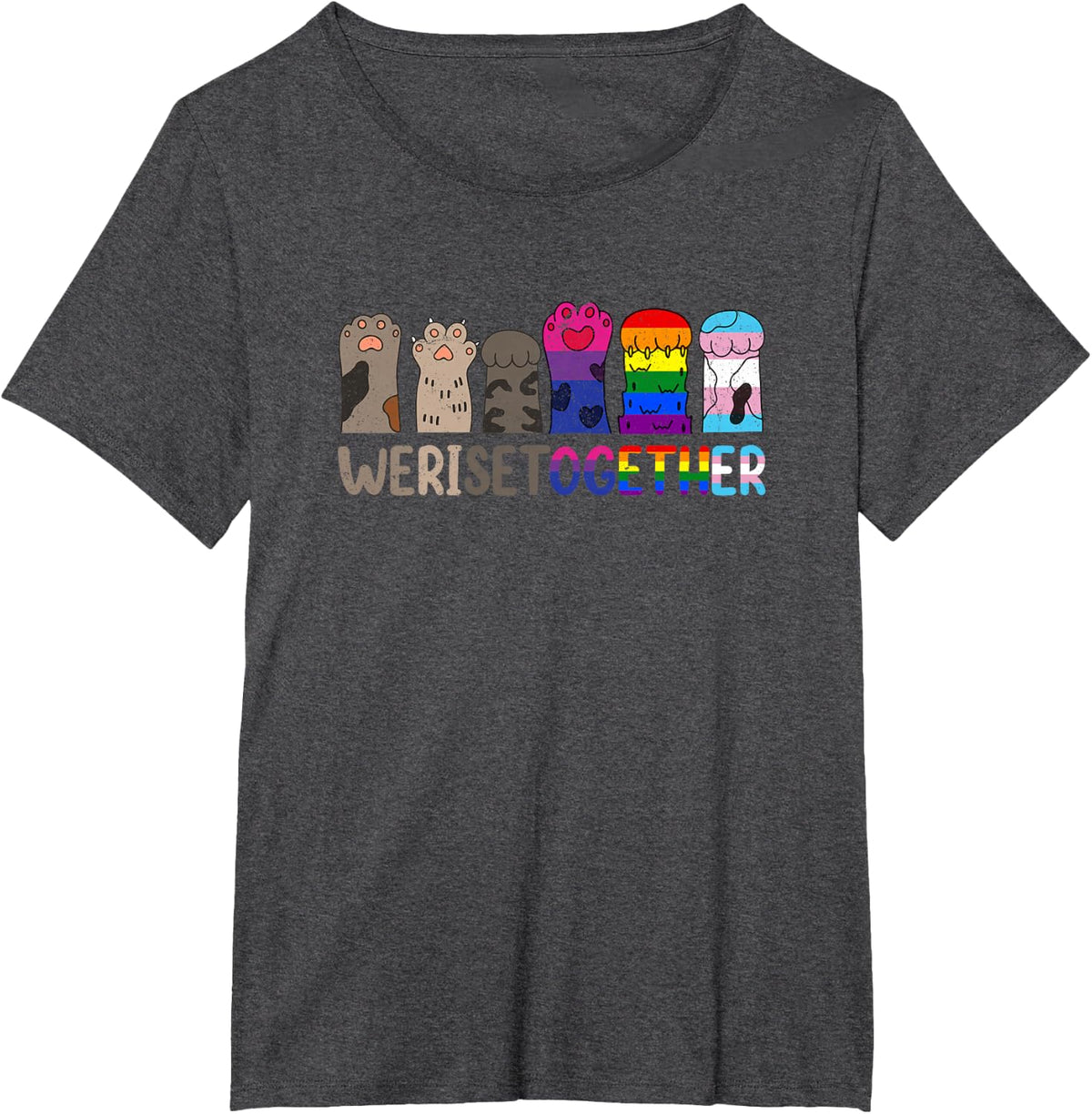We Rise Together Gay Pride Cat Paw Print Kitten LGBT-Q Ally T-Shirt - Dark Heather Grey