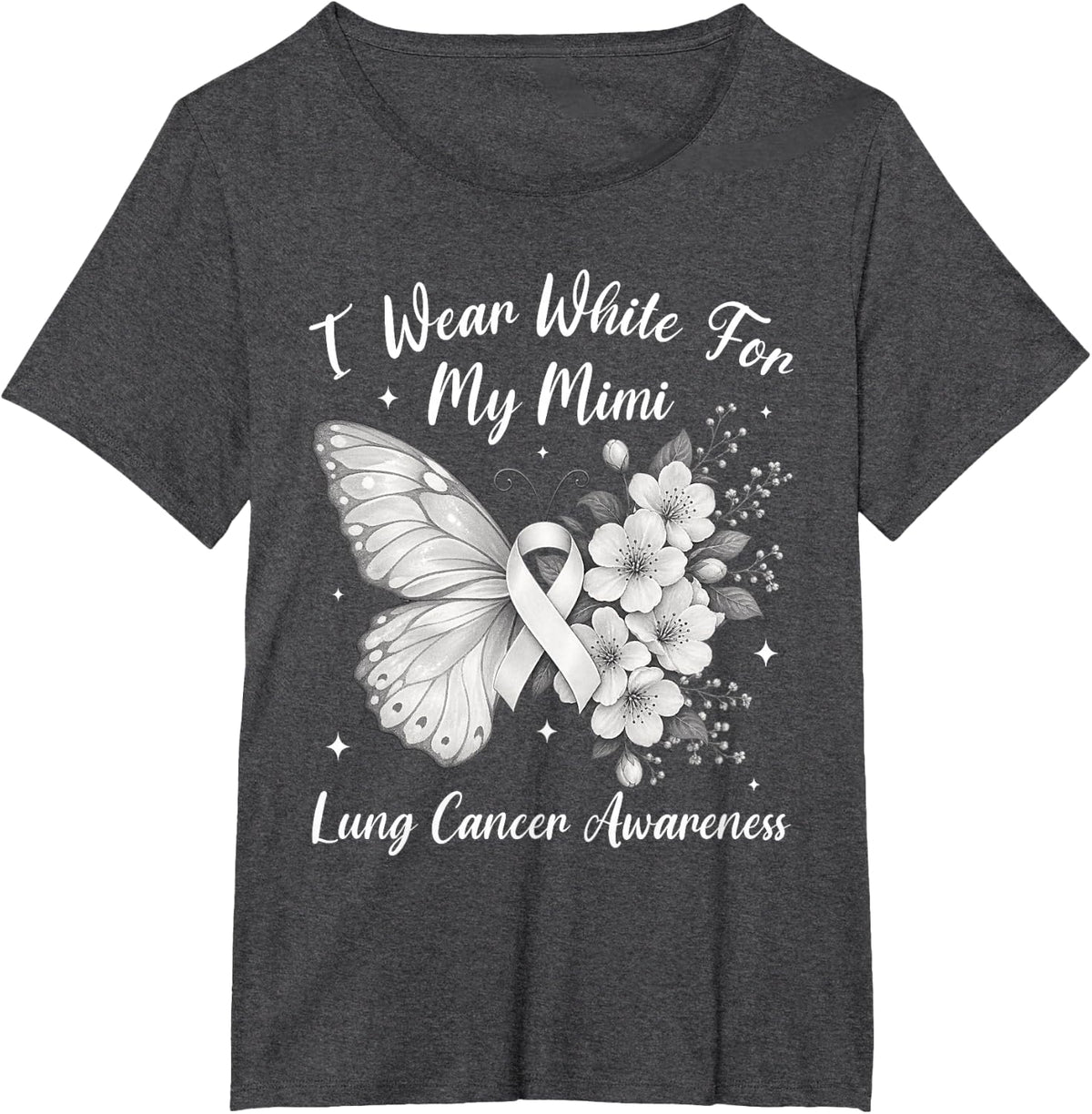 I Wear White for My Mimi Lung Cancer Awareness Butterfly T-Shirt - Dark Heather Grey