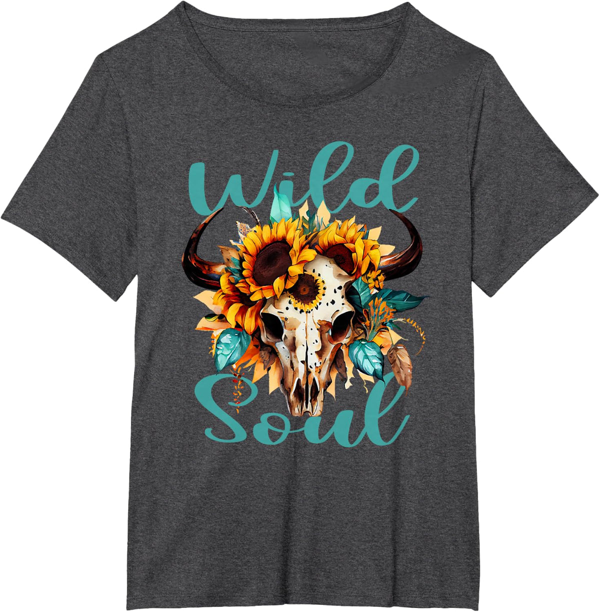 Wild Soul Vintage Western Sunflower Boho Cow Skull Tee T-Shirt for Women - Dark Heather Grey