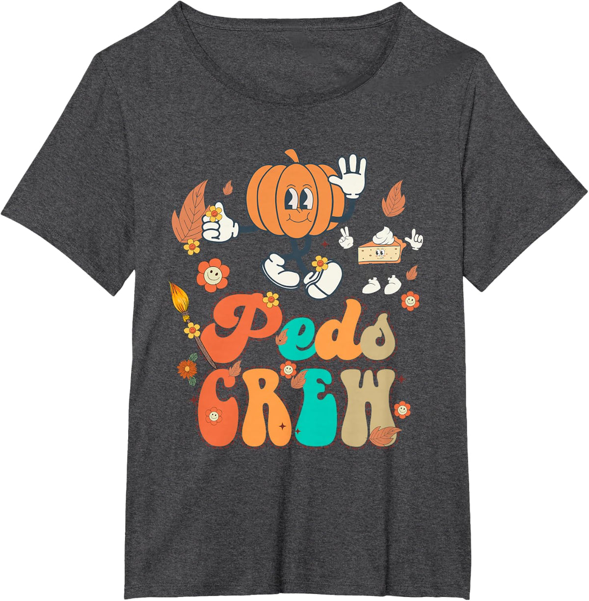PEDS Crew Pumpkin Thanksgiving Autumn Pediatric Nurse Retro T-Shirt - Dark Heather Grey