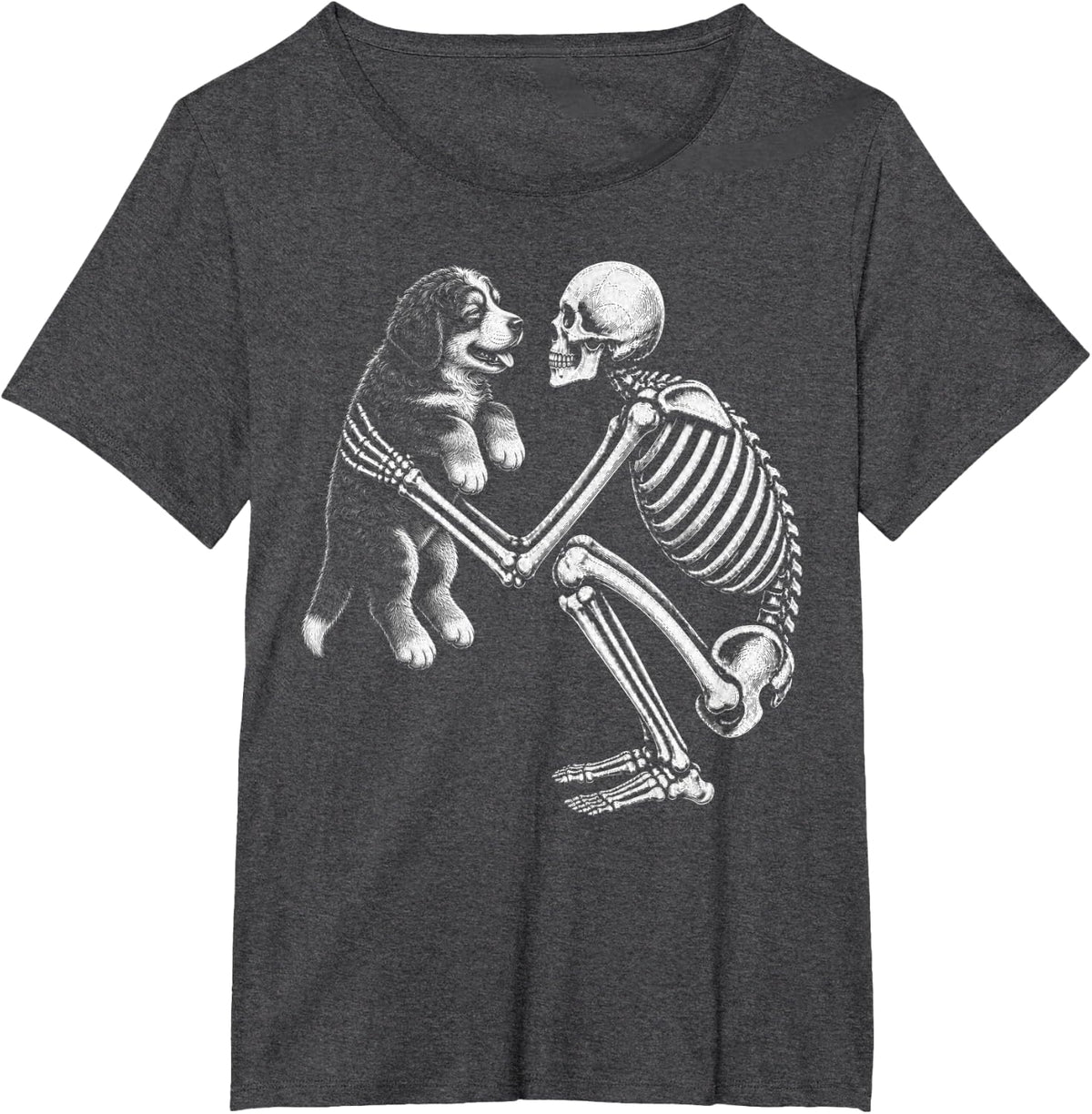 Skeleton Holding Bernedoodle Retro Halloween Doodle Dog T-Shirt - Dark Heather Grey