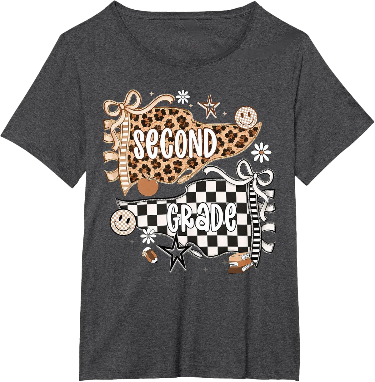 Second Grade Leopard Teacher Pennant Flag Back to School T-Shirt - Dark Heather Grey