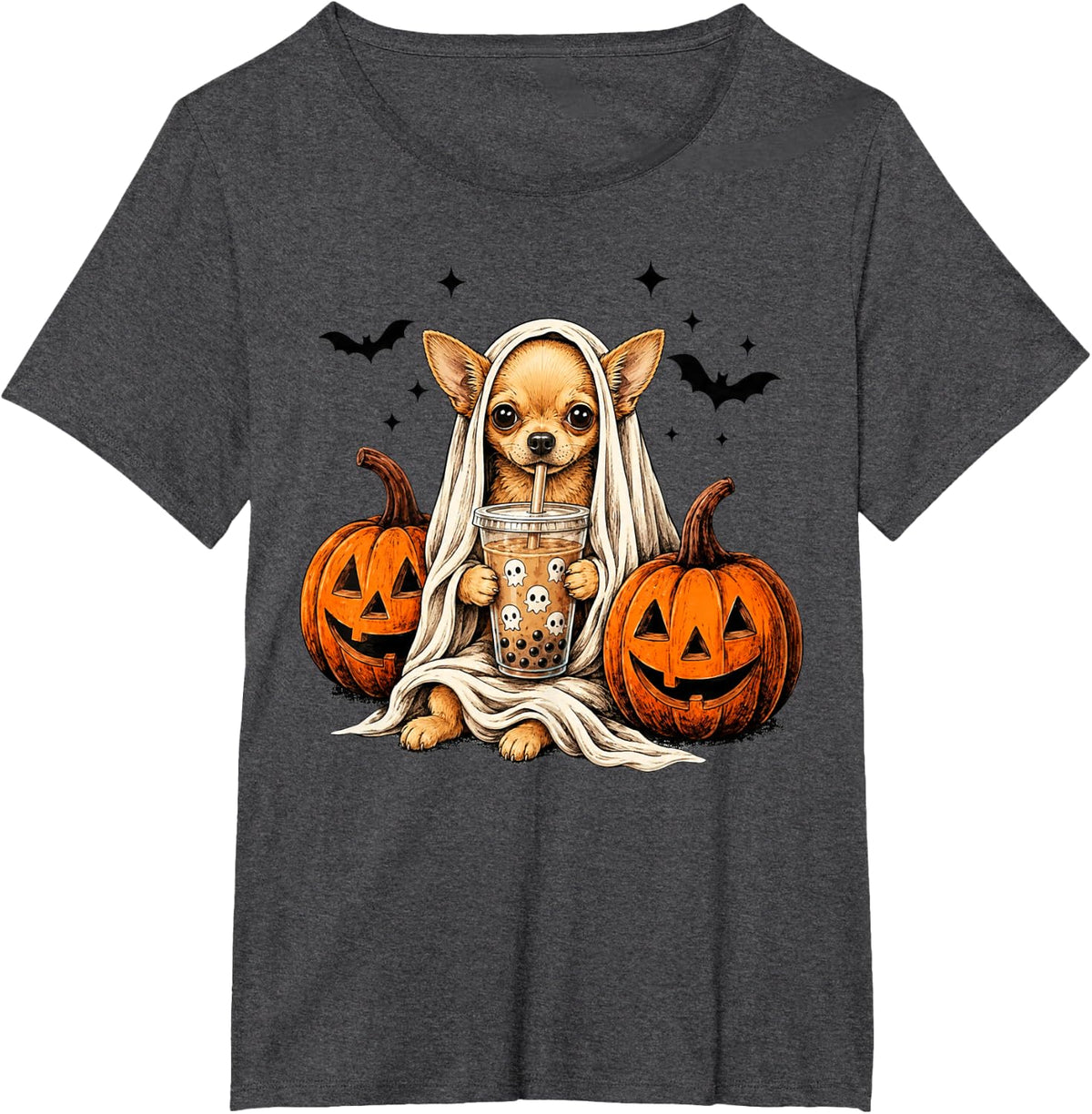 Chihuahua Ghost and Boba Cute Halloween Dog T-Shirt - Dark Heather Grey