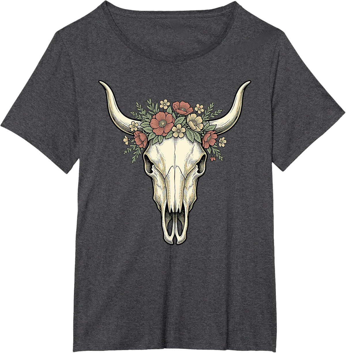 Bull Skull Floral Funny Western Boho Cowgirl Longhorn Tops T-Shirt - Dark Heather Grey