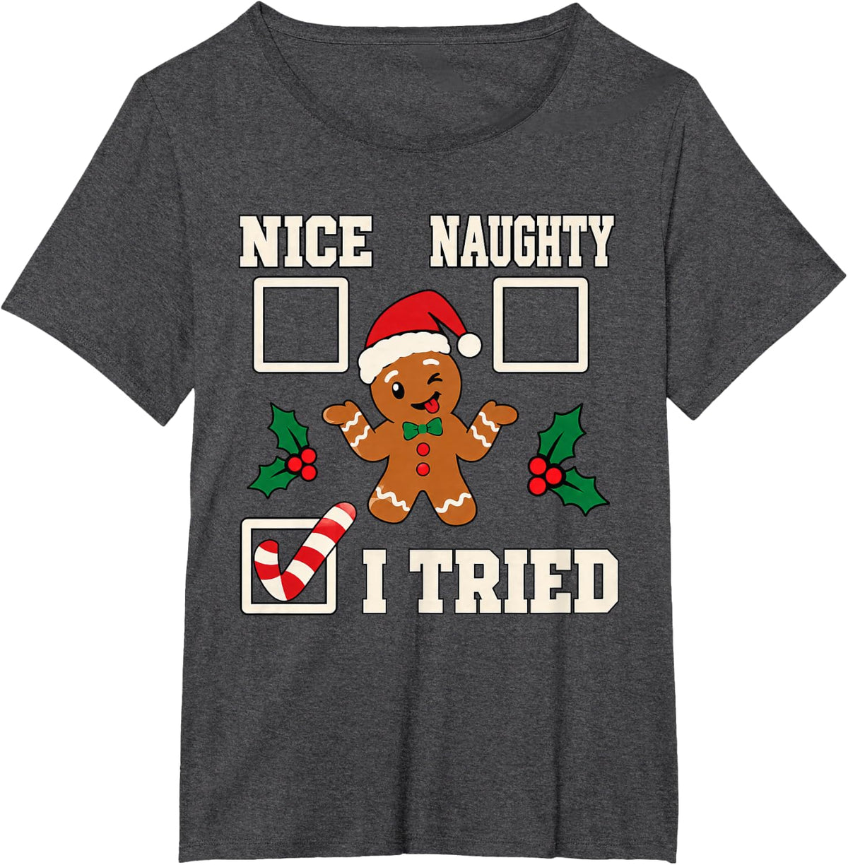 Nice Naughty I Tried Santa's Naughty List Funny Christmas T-Shirt - Dark Heather Grey