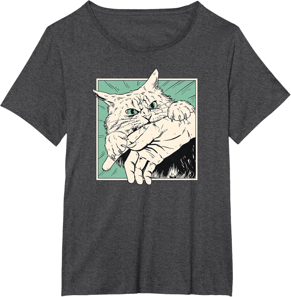 Japanese Horror Anime Cat Bite Vintage Manga Art T-Shirt - Dark Heather Grey