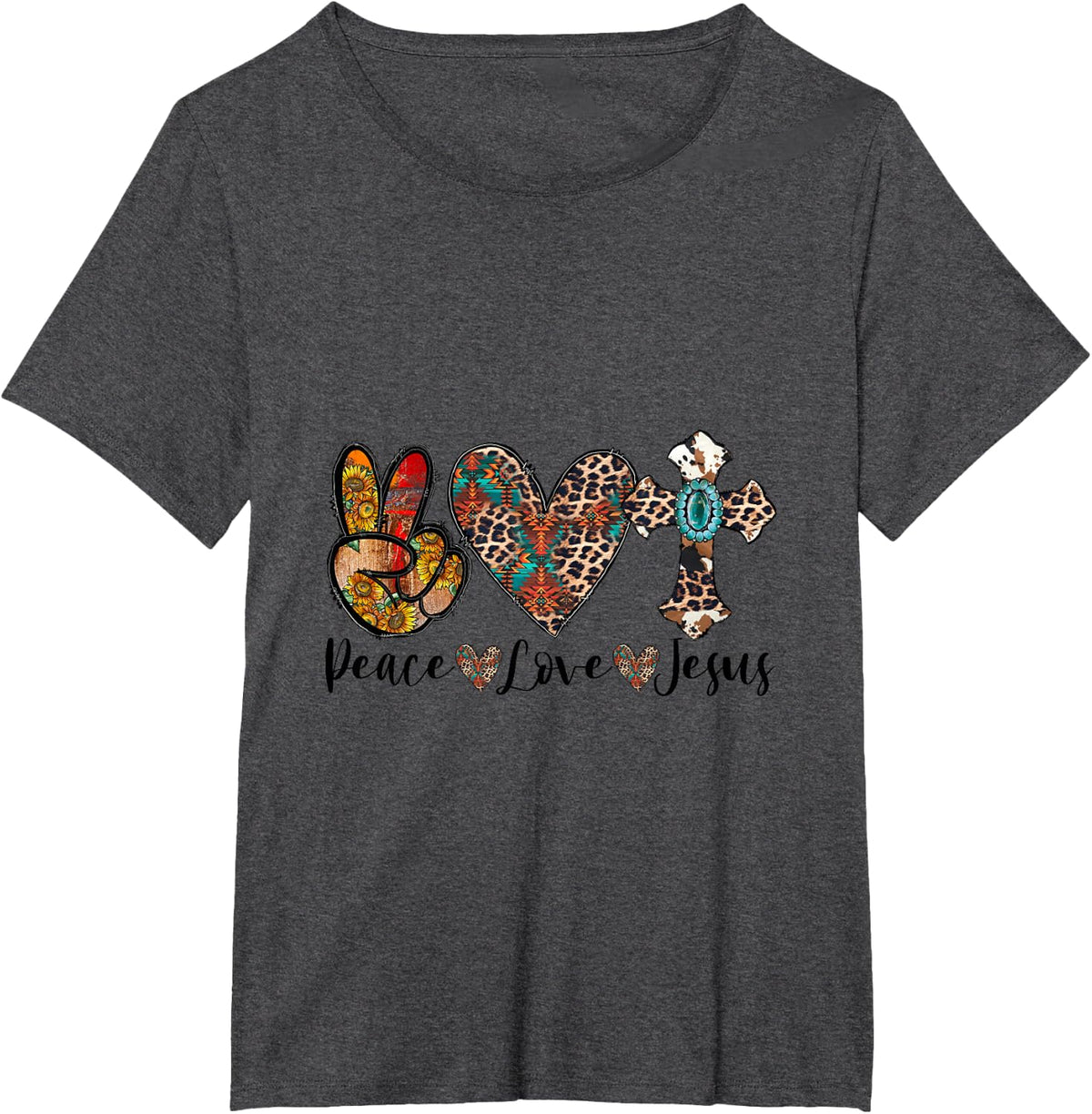 Peace Love Faith Western Boho Animal Print Christian Cross T-Shirt - Dark Heather Grey