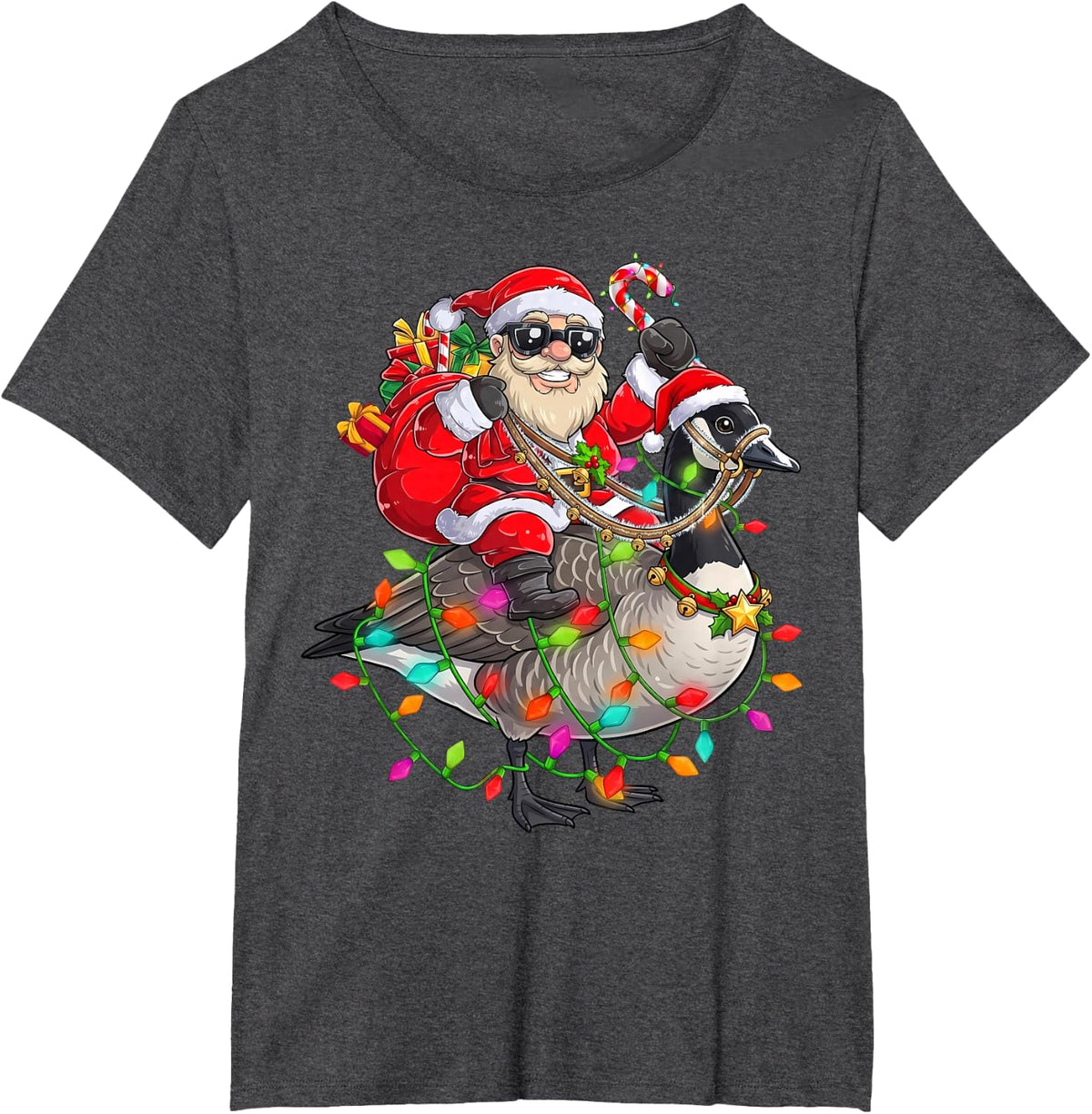 Santa Riding Goose Christmas Xmas Lights Animal Funny T-Shirt - Dark Heather Grey