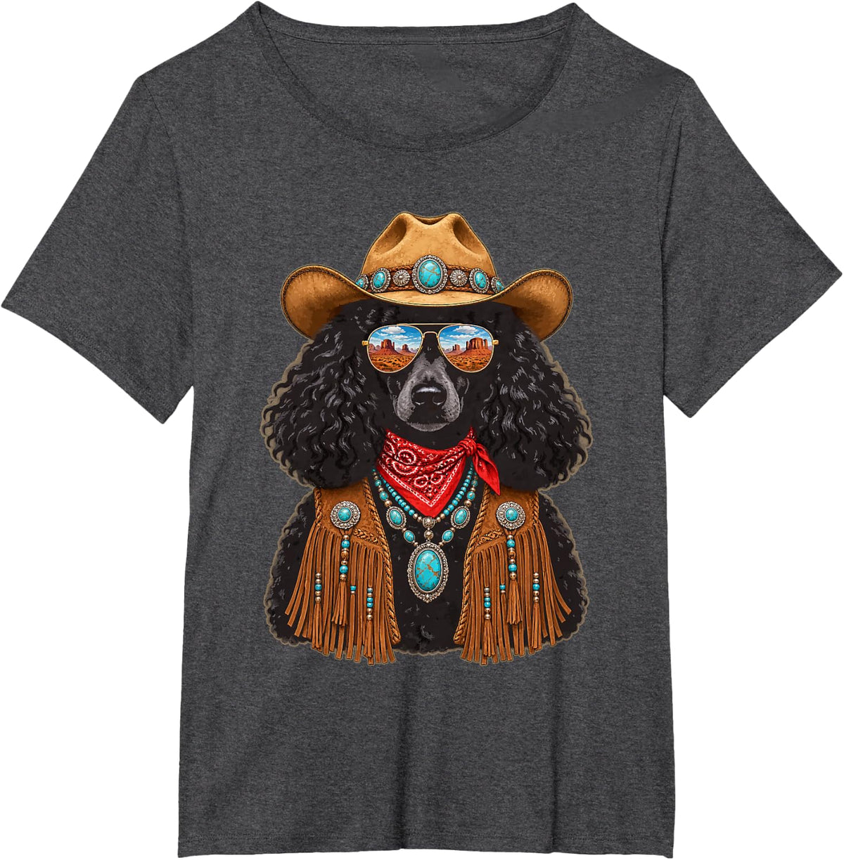 Glam Poodle with Sunglasses and Cowboy Hat Western Boho T-Shirt - Dark Heather Grey