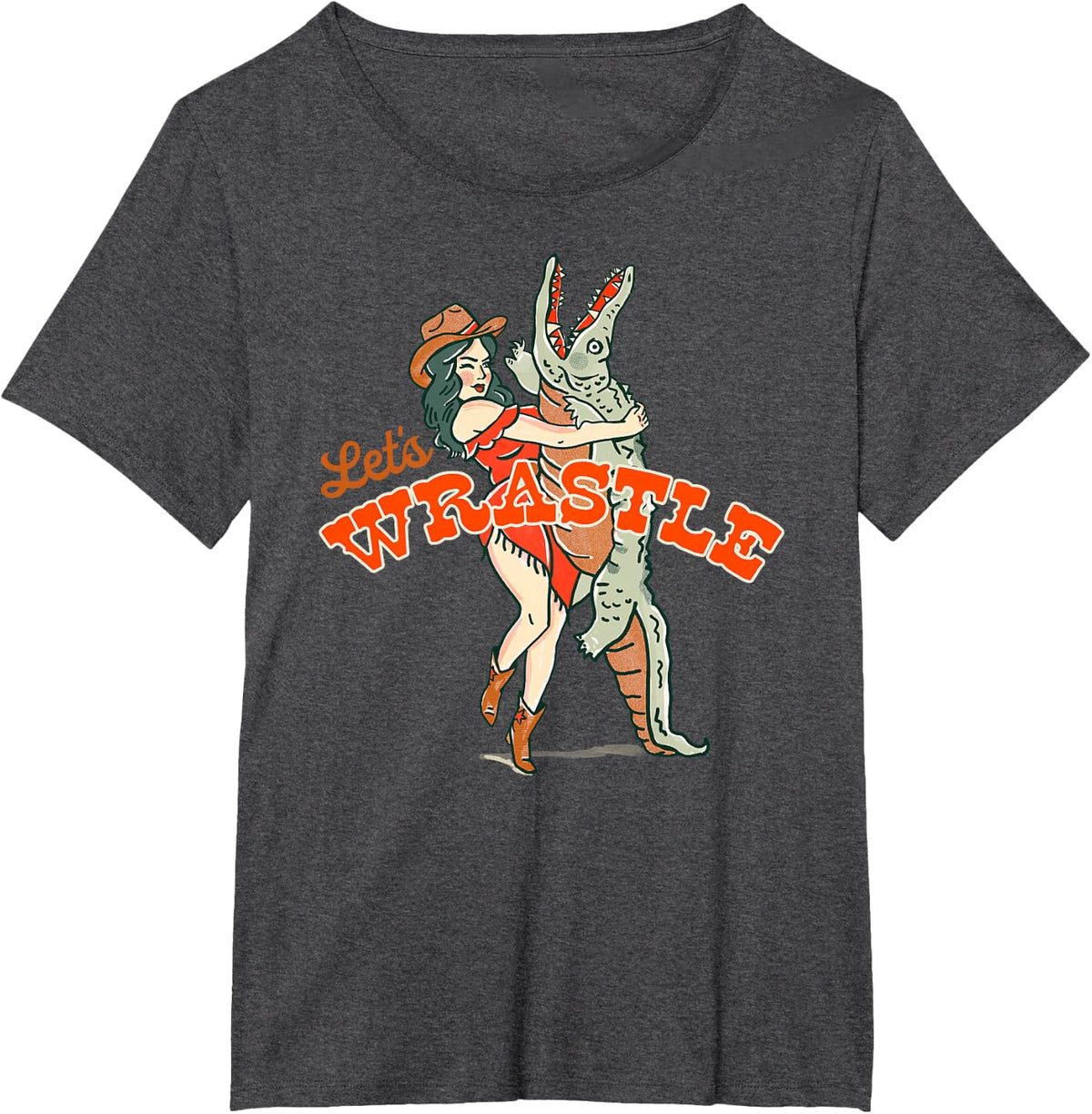 Let's Wrastle Shirt. Alligator Mud Wrestling Cowgirl Humor T-Shirt - Dark Heather Grey