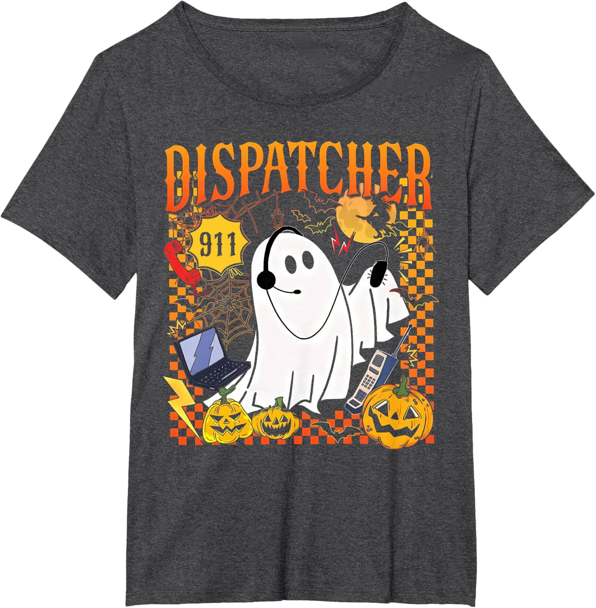 Groovy Spooky 911 Dispatcher Ghost Halloween Police Dispatch T-Shirt - Dark Heather Grey