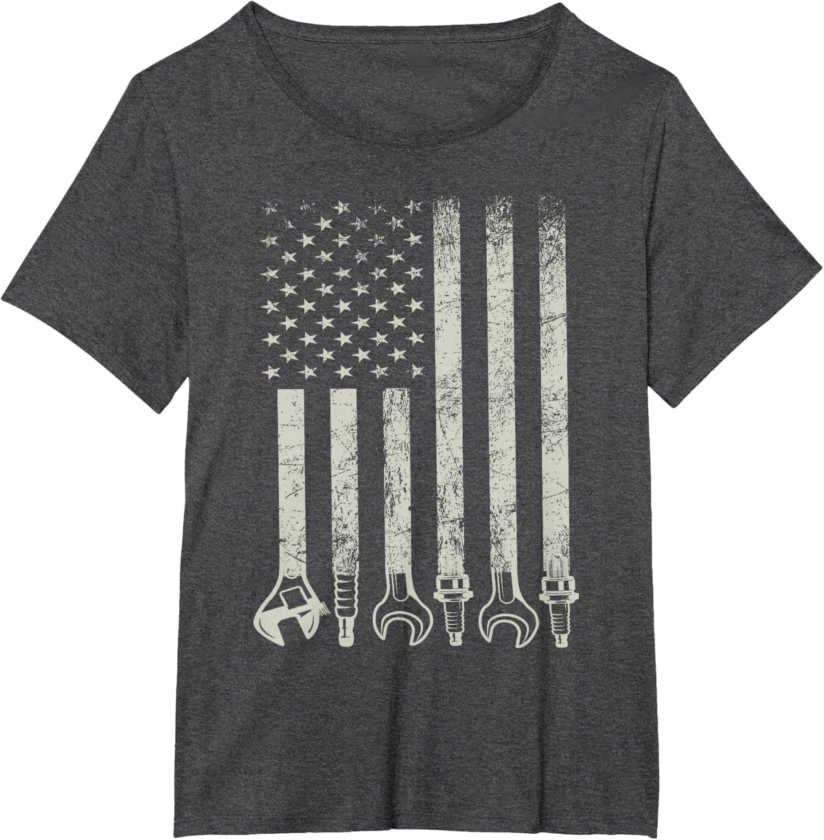 Car Mechanic USA Flag Wrench and Spark Plug Cars T-Shirt - Dark Heather Grey