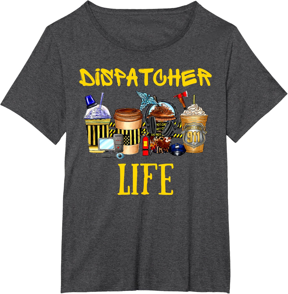Retro Dispatcher Life Coffee 911 Operator Dispatch Emergency T-Shirt - Dark Heather Grey