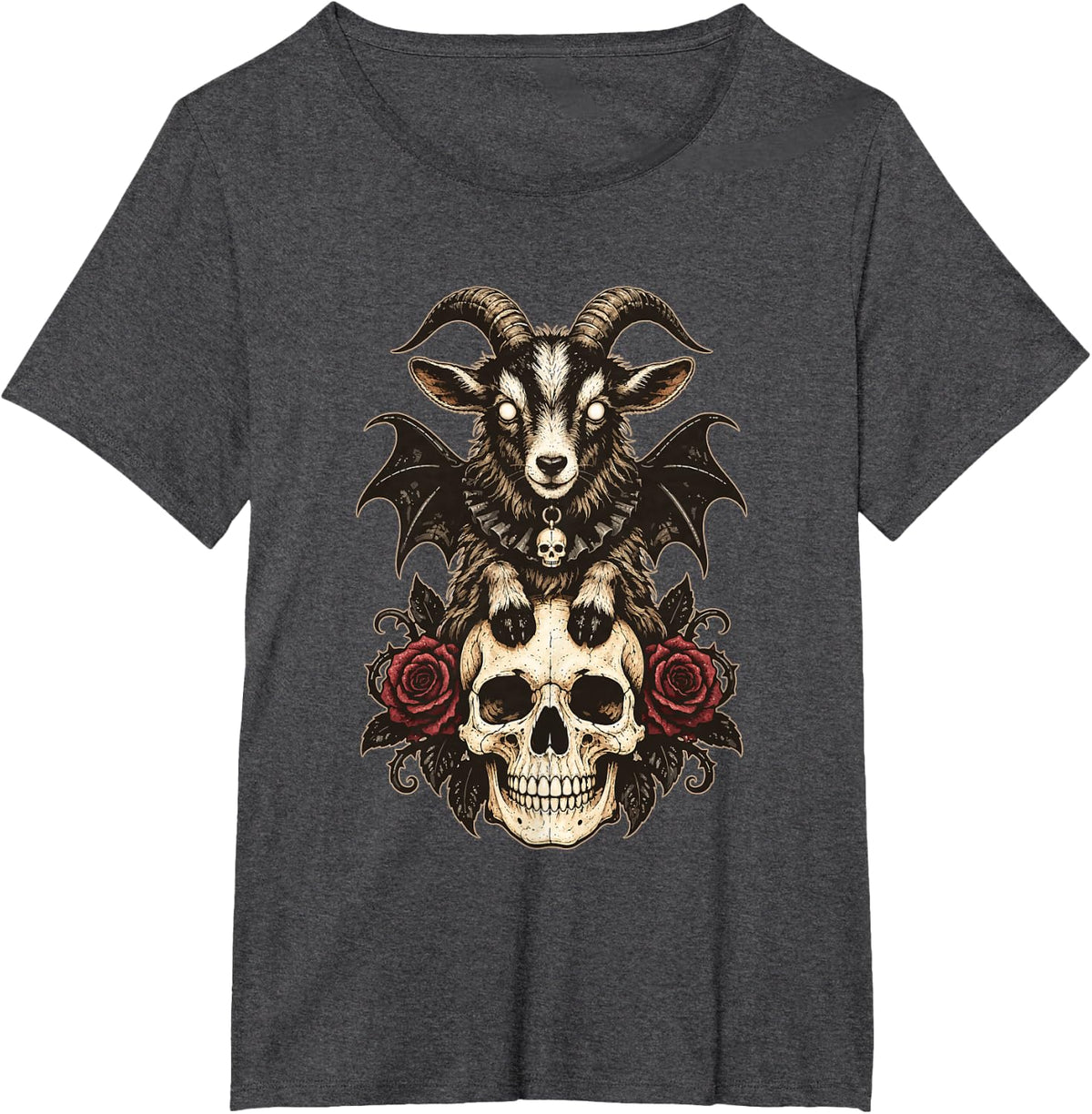 Goat with Bat Wings Floral Gothic Skull Halloween Animal T-Shirt - Dark Heather Grey