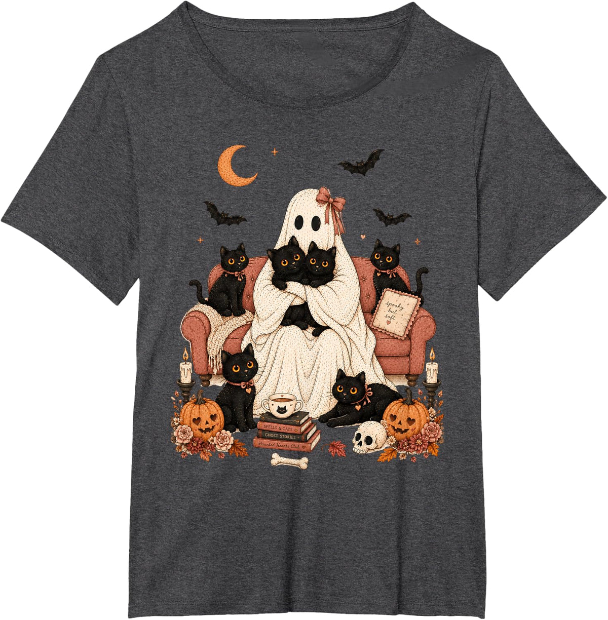 Cute Halloween Cat Mom Ghost T-Shirt Tee for Women Girls Black Cat Lovers - Dark Heather Grey
