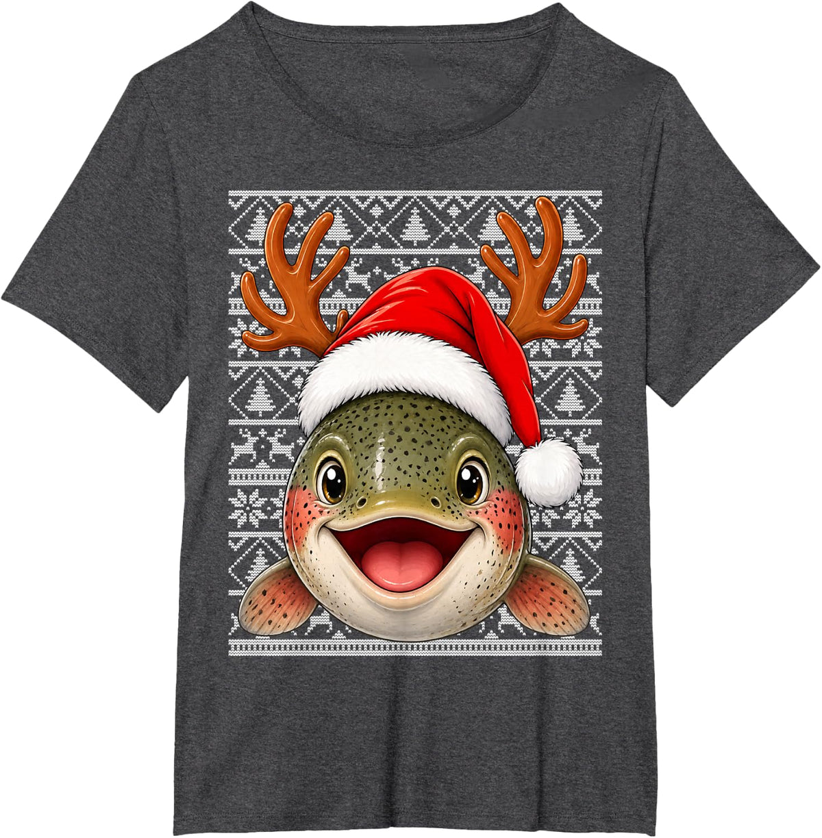 Trout Fish Christmas Santa Hat Ugly Sweaters Fishing Xmas T-Shirt - Dark Heather Grey