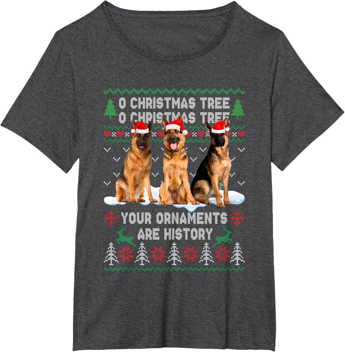Cute German Shepherd Dog Oh Christmas Tree Ugly Xmas T-Shirt - Dark Heather Grey