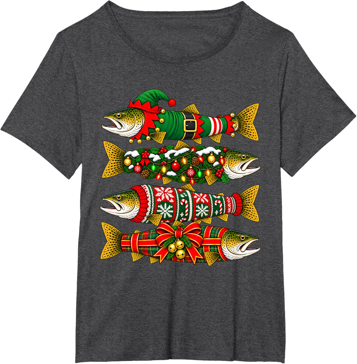 Christmas Trout Fish Funny Fishing Holiday Fisherman T-Shirt - Dark Heather Grey