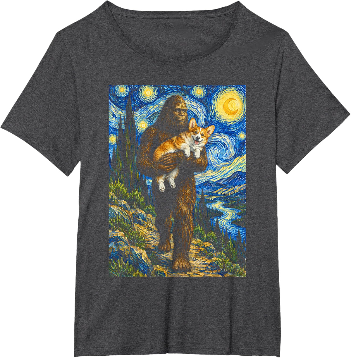 Bigfoot Carrying Corgi Van Gogh Starry Night T-Shirt - Dark Heather Grey