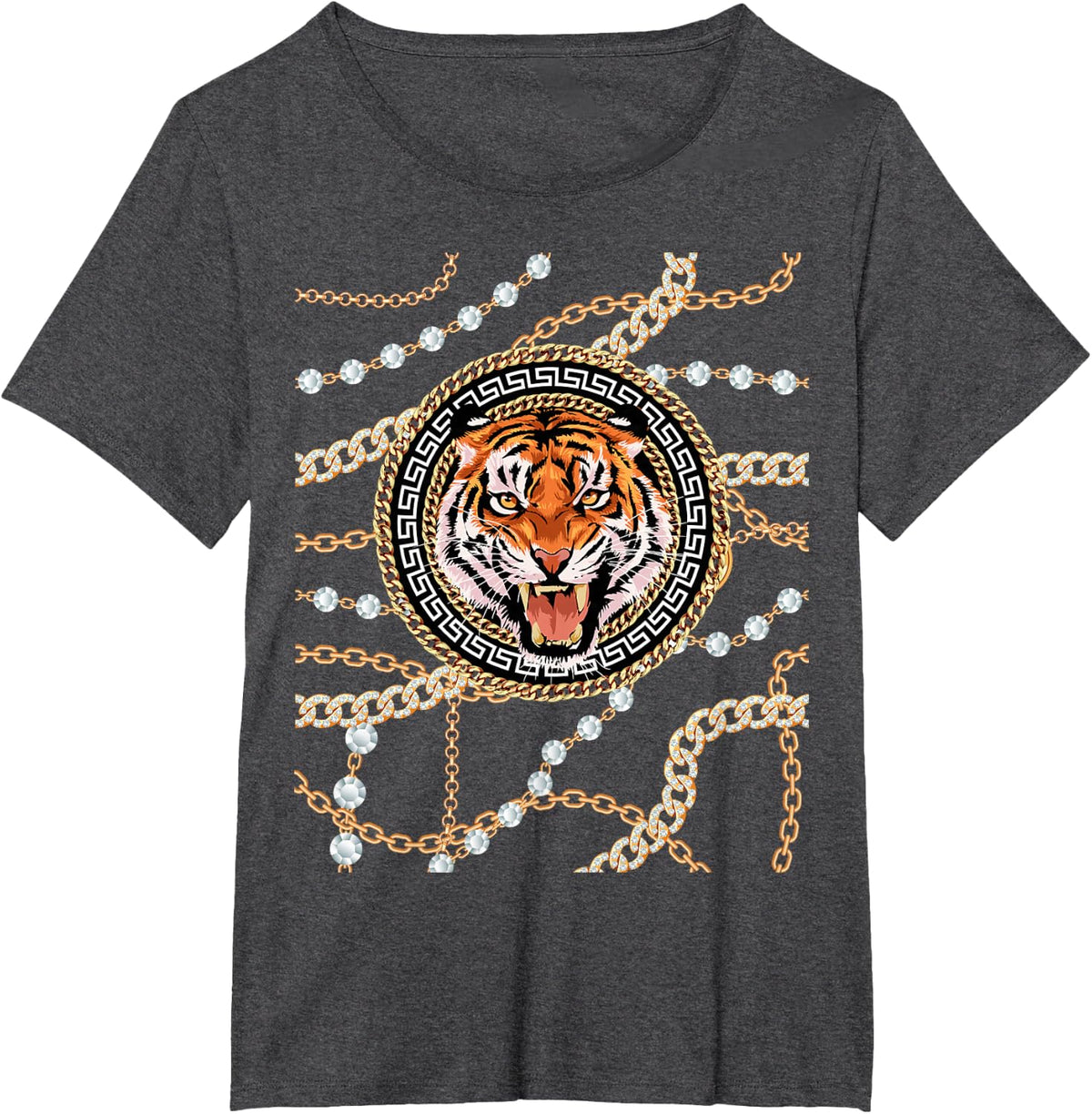 Rich Wild Tiger with Printed Gold Chains & Diamonds Style T-Shirt - Dark Heather Grey