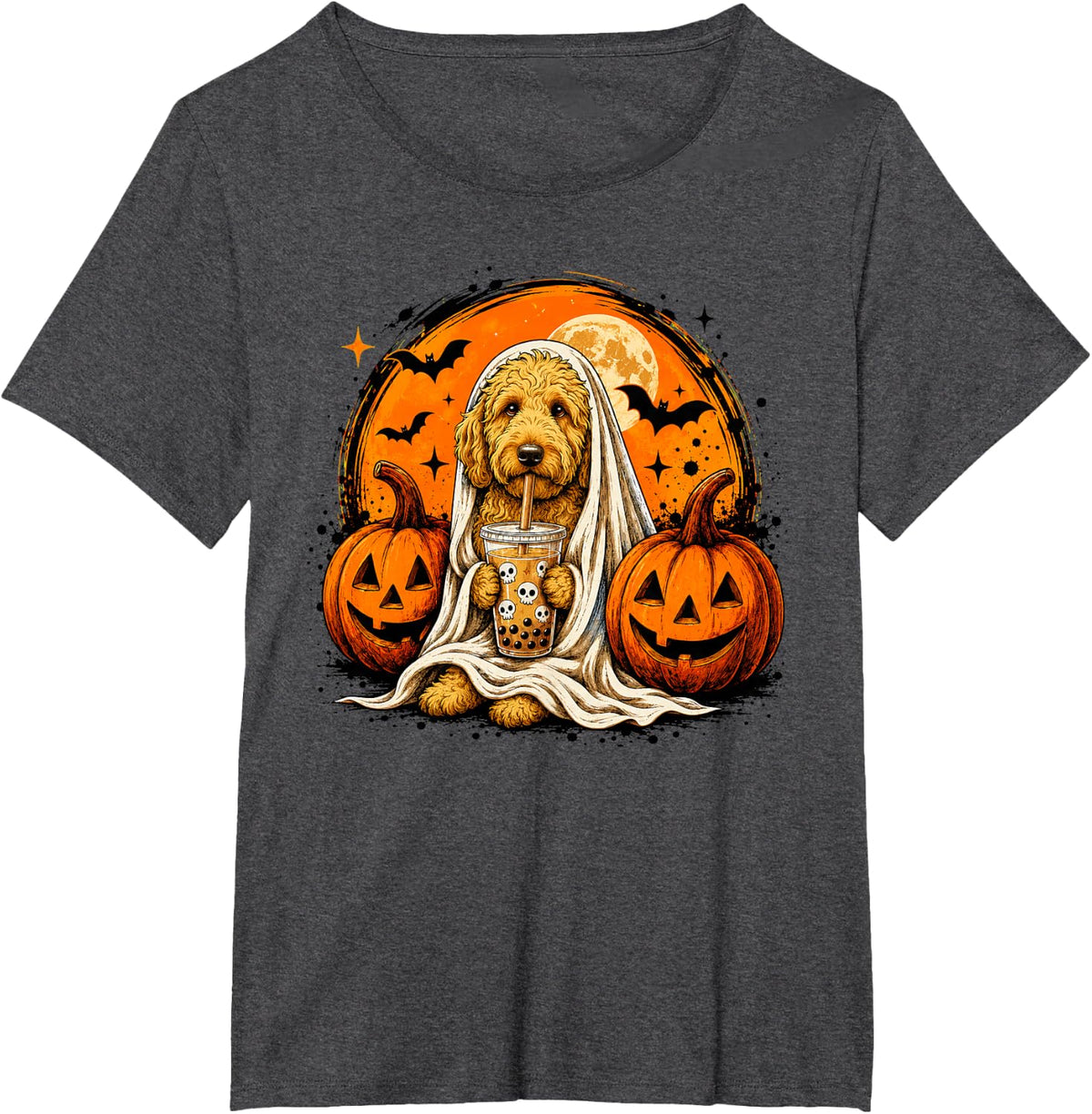 Goldendoodle Ghost and Boba Cute Halloween Dog Humor T-Shirt - Dark Heather Grey