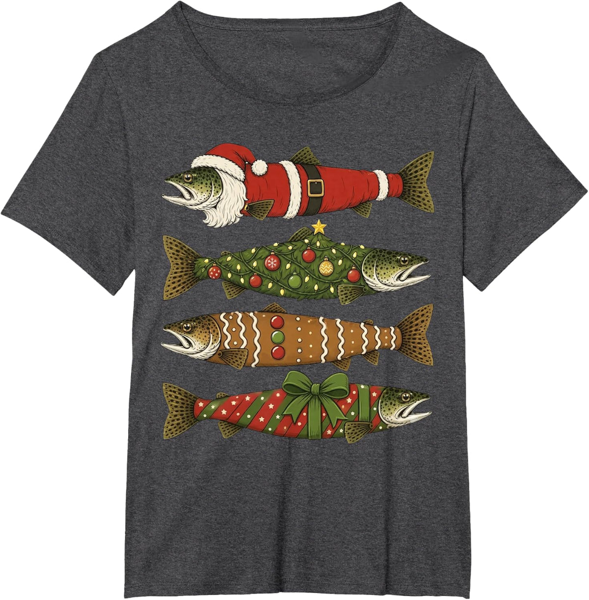 Christmas Trout Fish Santa Tree Gingerbread T-Shirt - Dark Heather Grey