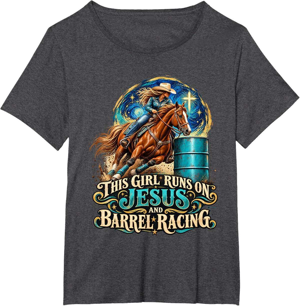 This Girl Runs On Jesus and Barrel Racing Cowgirl T-Shirt - Dark Heather Grey